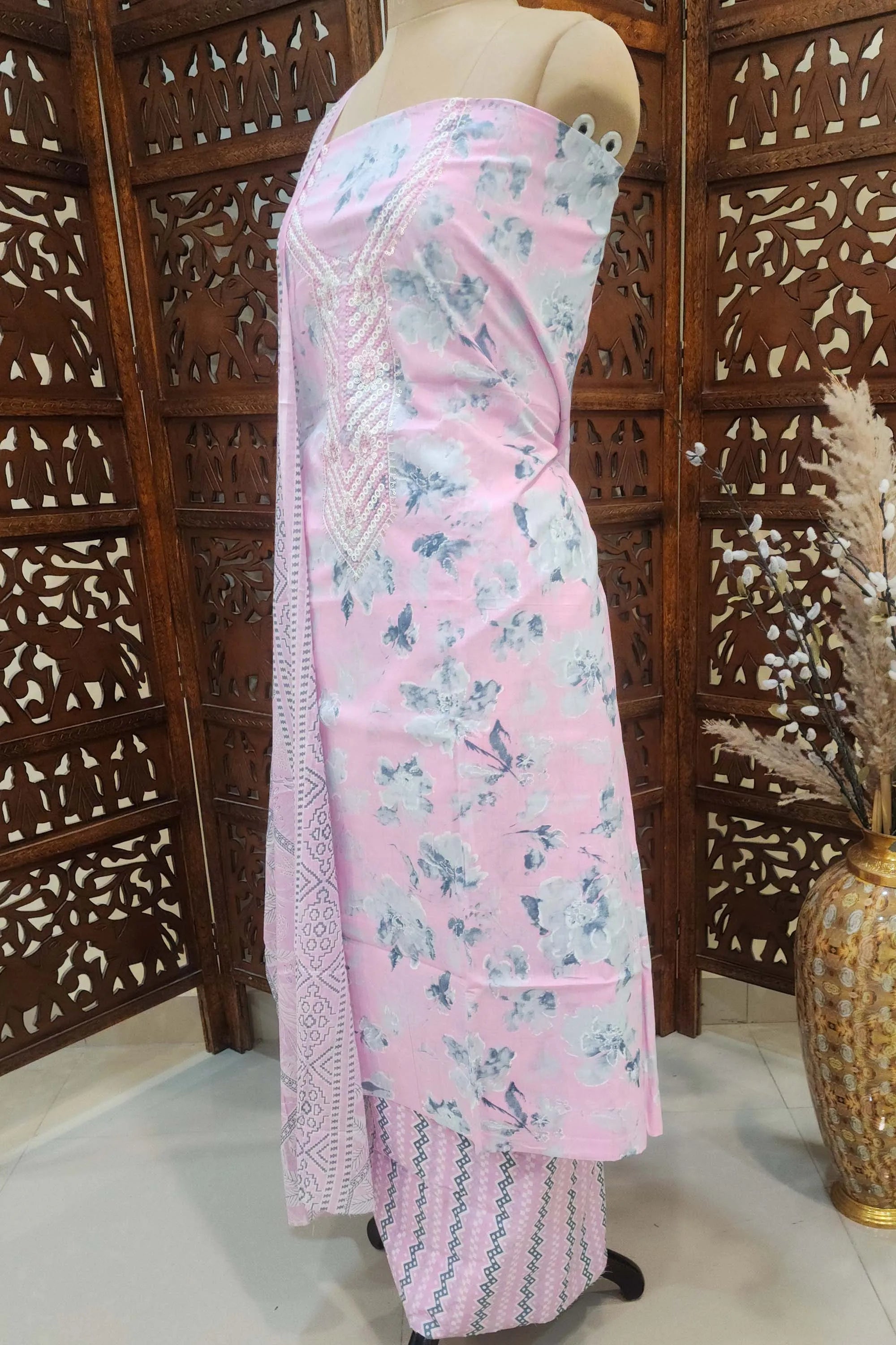 Lavender & Grey Floral Printed Cotton Unstitched Dress Material with Sequinned Embroidery