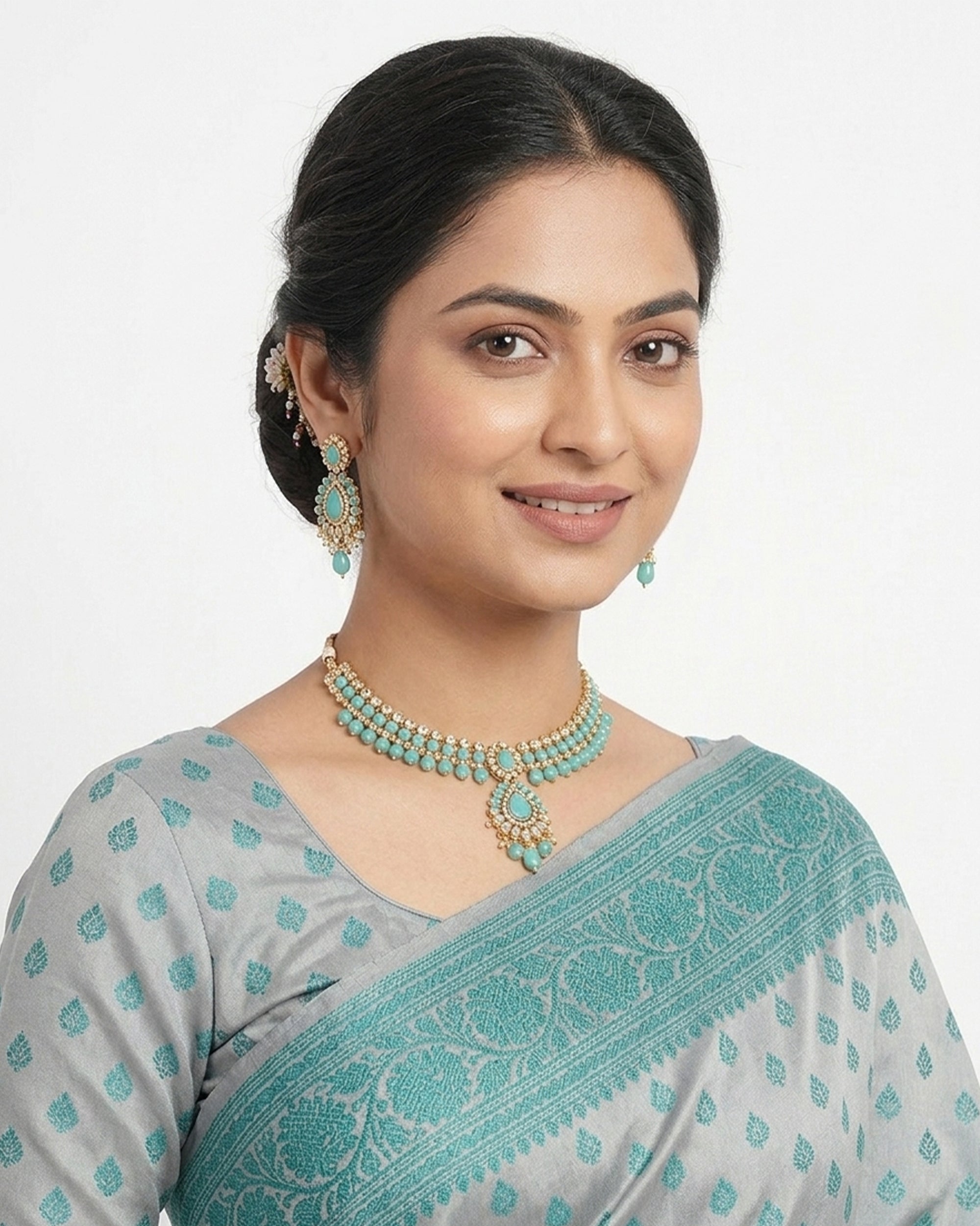 Grey & Sea-Green Woven Design Banarasi Saree