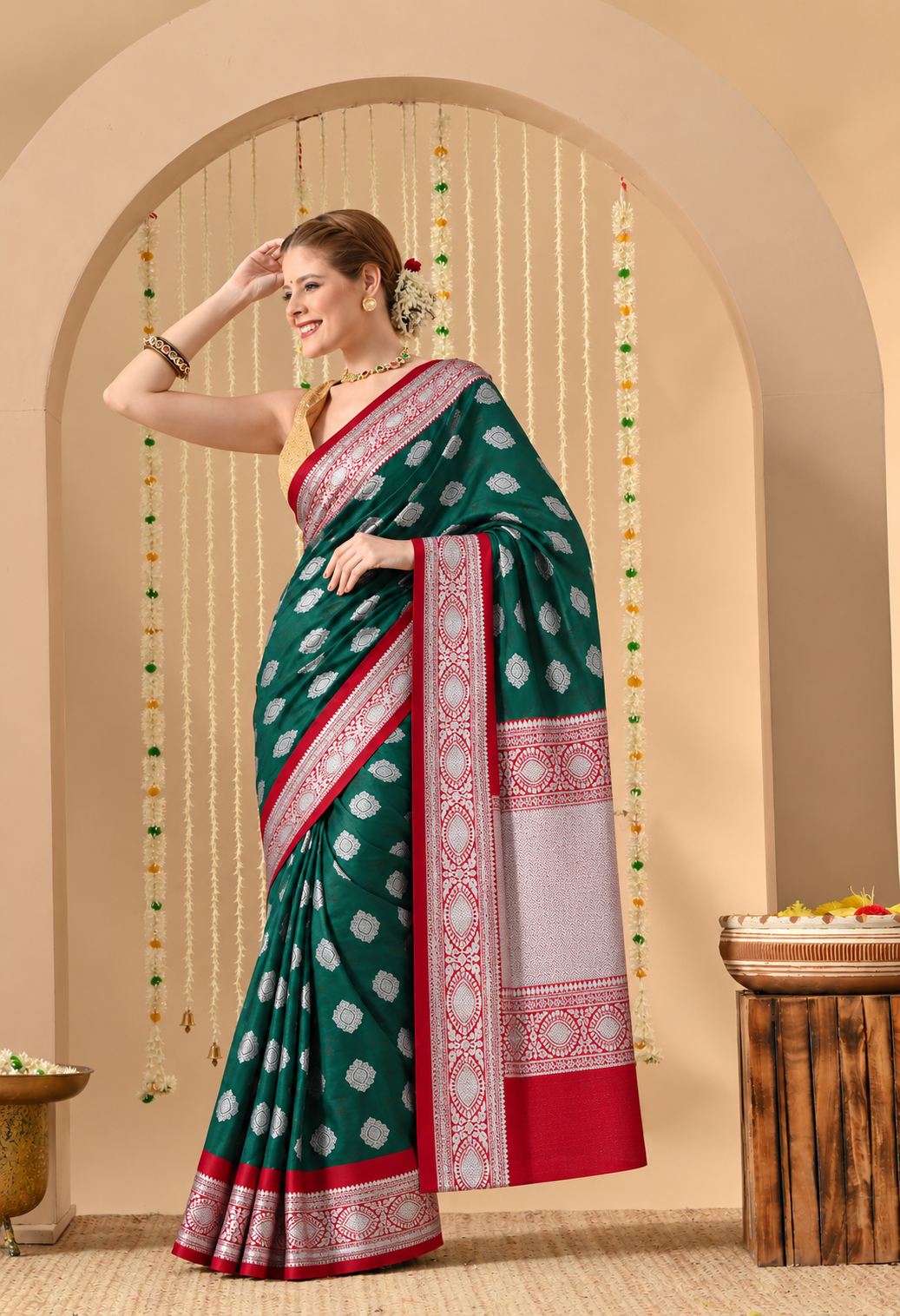 Green & Crimson Red Banarasi-Style Woven Art Silk Saree