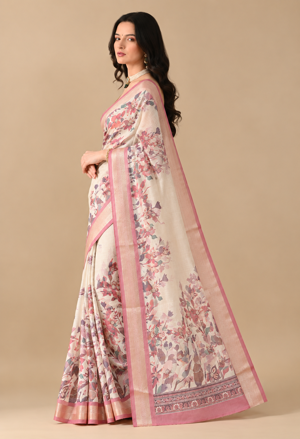 Elegant Ivory Floral Printed Saree with Blush Pink Border