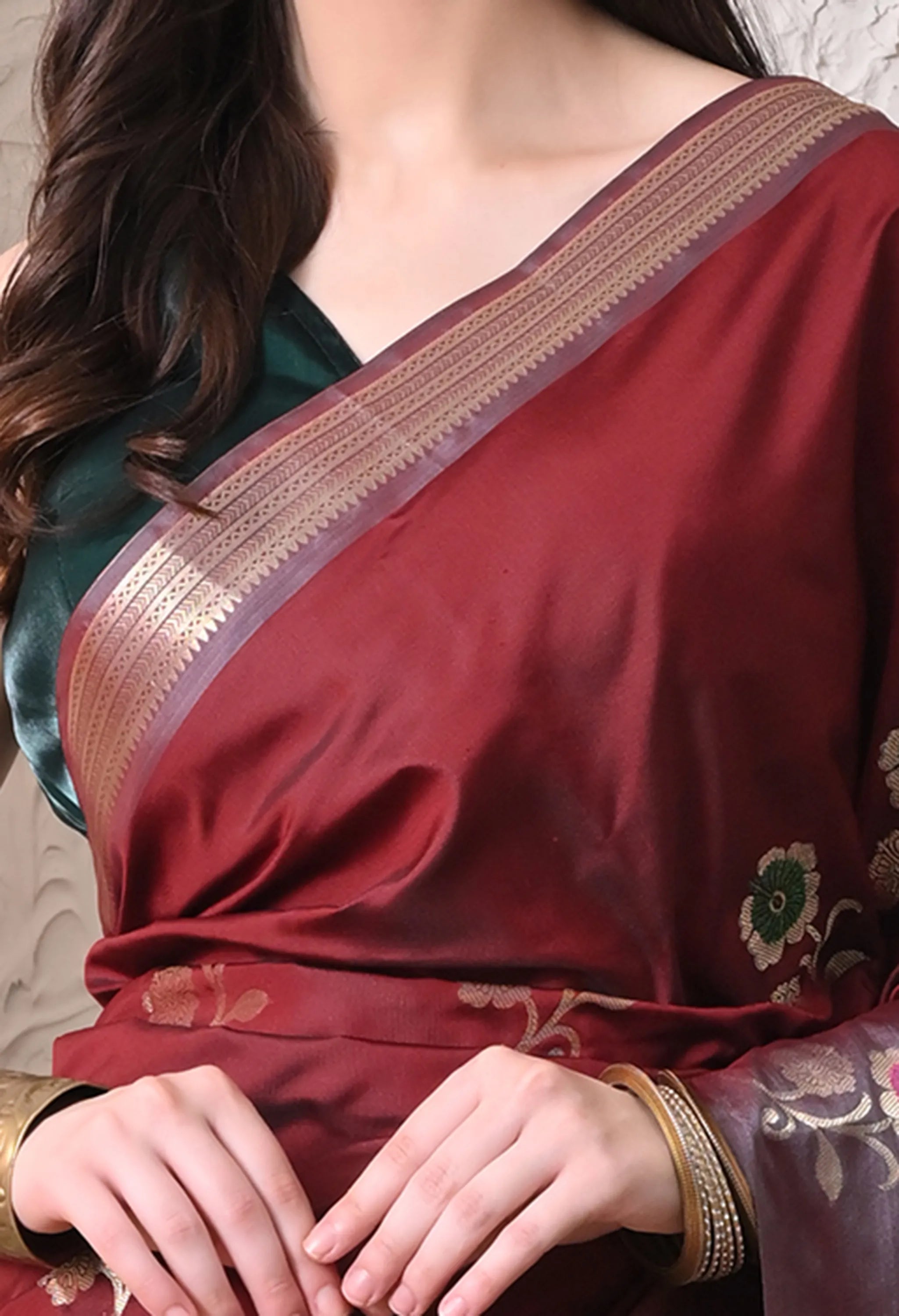 Maroon and Grey Silk Blend Floral Saree
