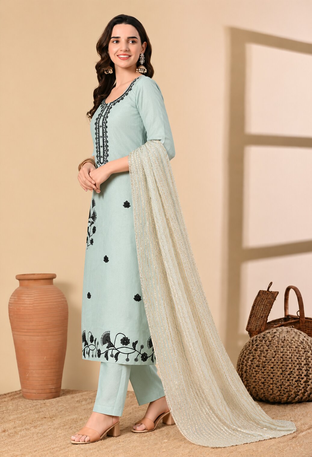 Mint Green Chanderi Silk Embroidered Suit Set with Dupatta