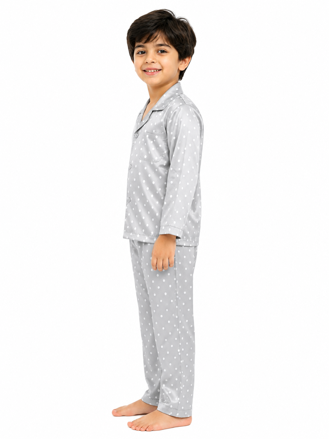 Kids Boys Grey Polka Dot Printed Satin Nightsuit Set