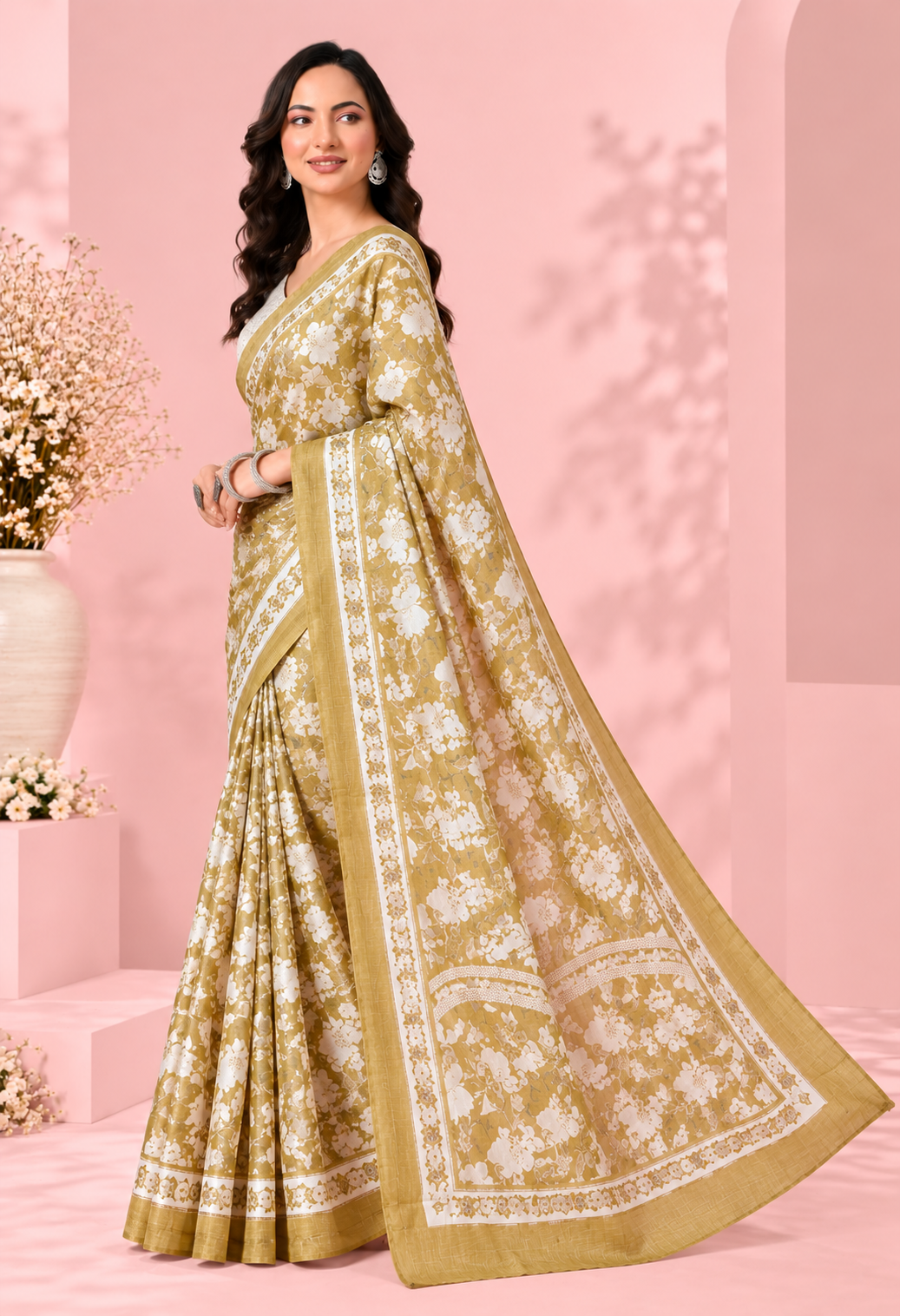 Elegant Mustard Gold Floral Printed Saree with Intricate Border