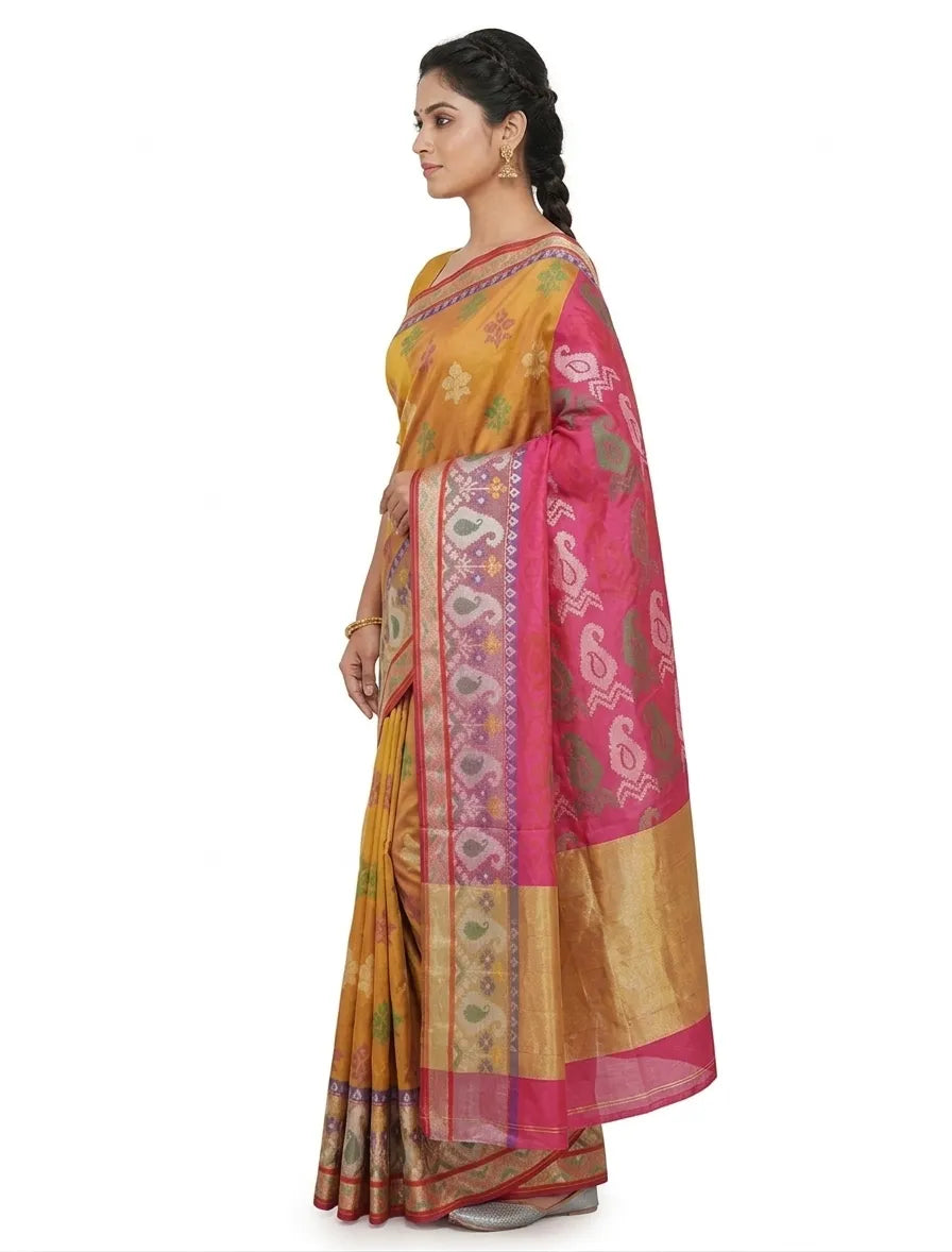 Women Mustard Yellow & Pink Printed Chanderi Silk Saree with Unstitched Blouse