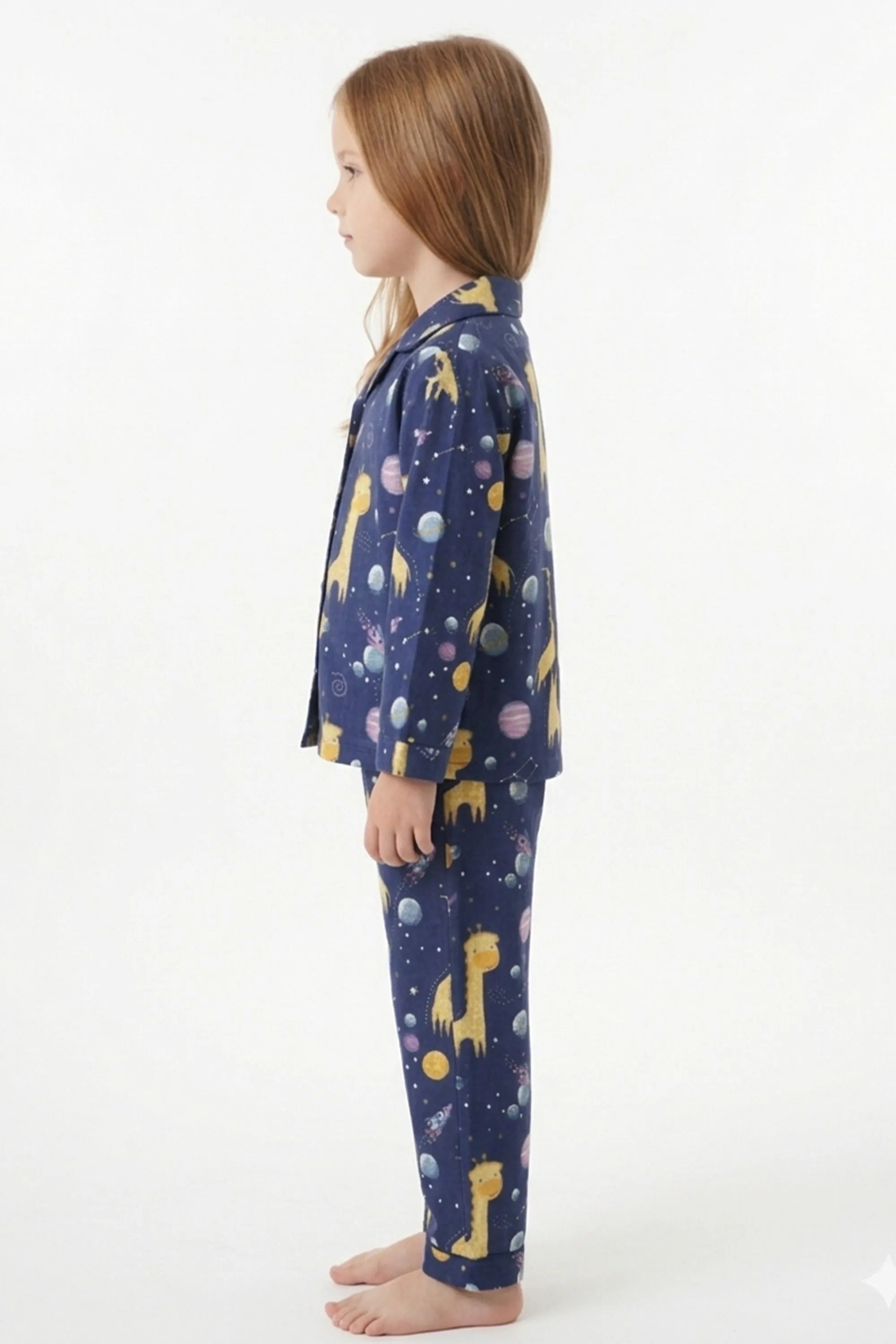 Kids Girls Navy Blue & Yellow Giraffes in Space Printed Night Suit
