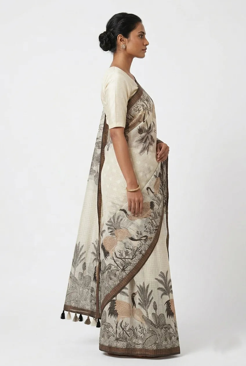 Women Off-White & Brown Ethnic Motifs Printed Pure Cotton Saree