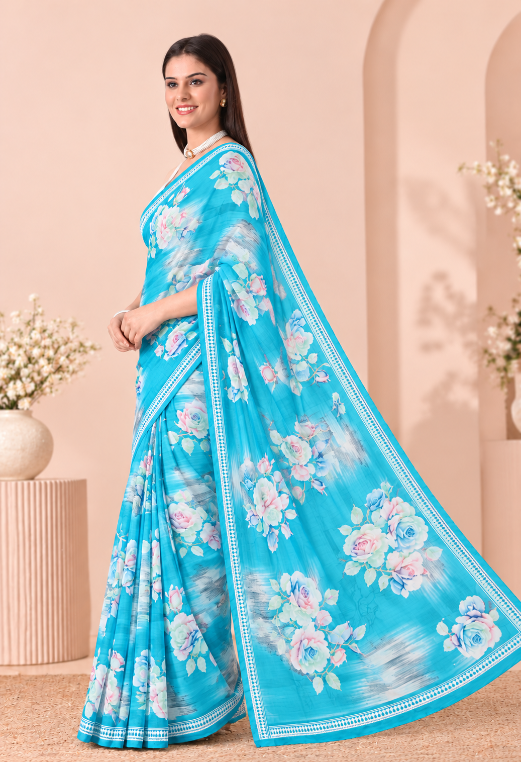 Elegant Green Silk blend Saree with Floral Print