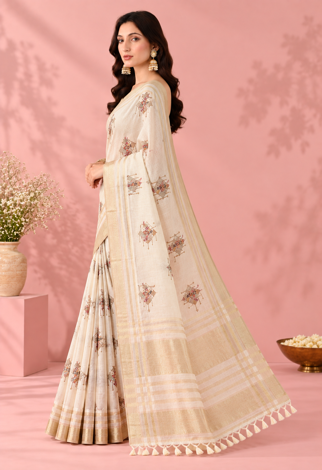 Elegant Ivory Printed Saree with Floral Motifs, Gold Border & Tassel Pallu
