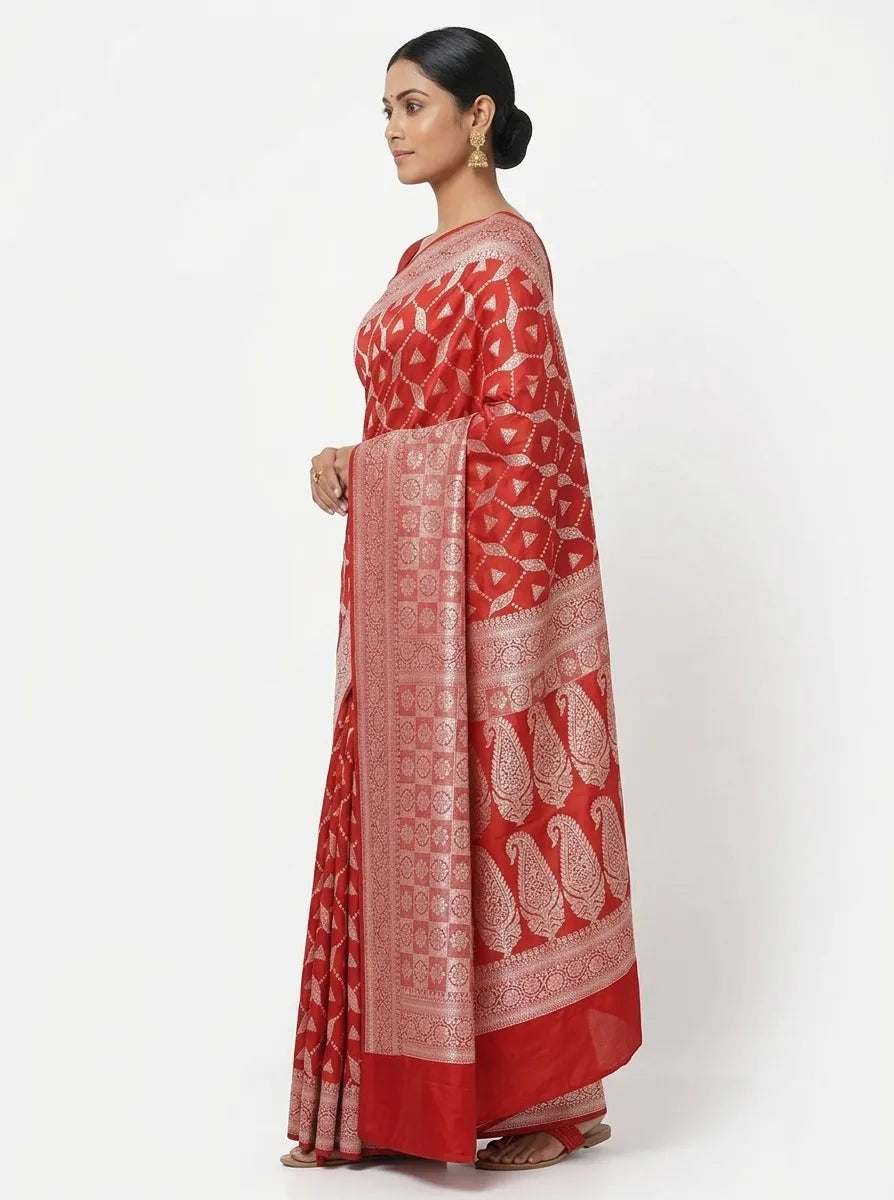 Women Red & Gold-Toned Geometric Woven Design Banarasi Saree