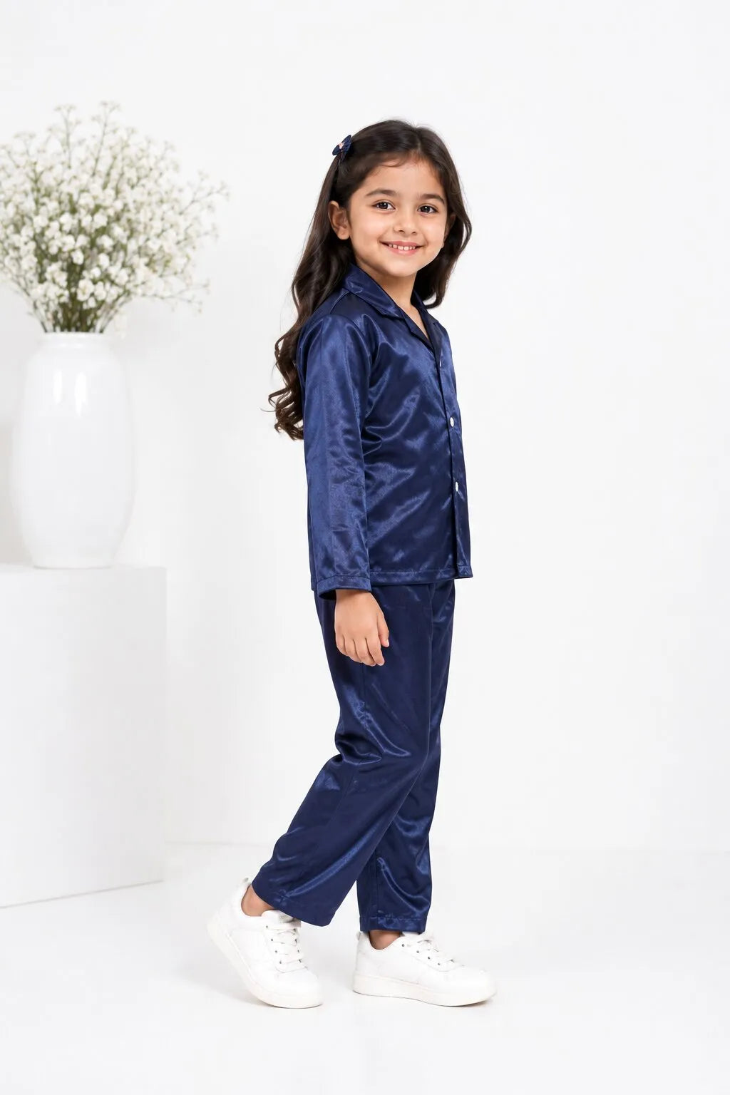 Girls Navy Blue Luxury Satin Night Suit Set – Smooth Full-Sleeve Shirt & Relaxed Pyjamas