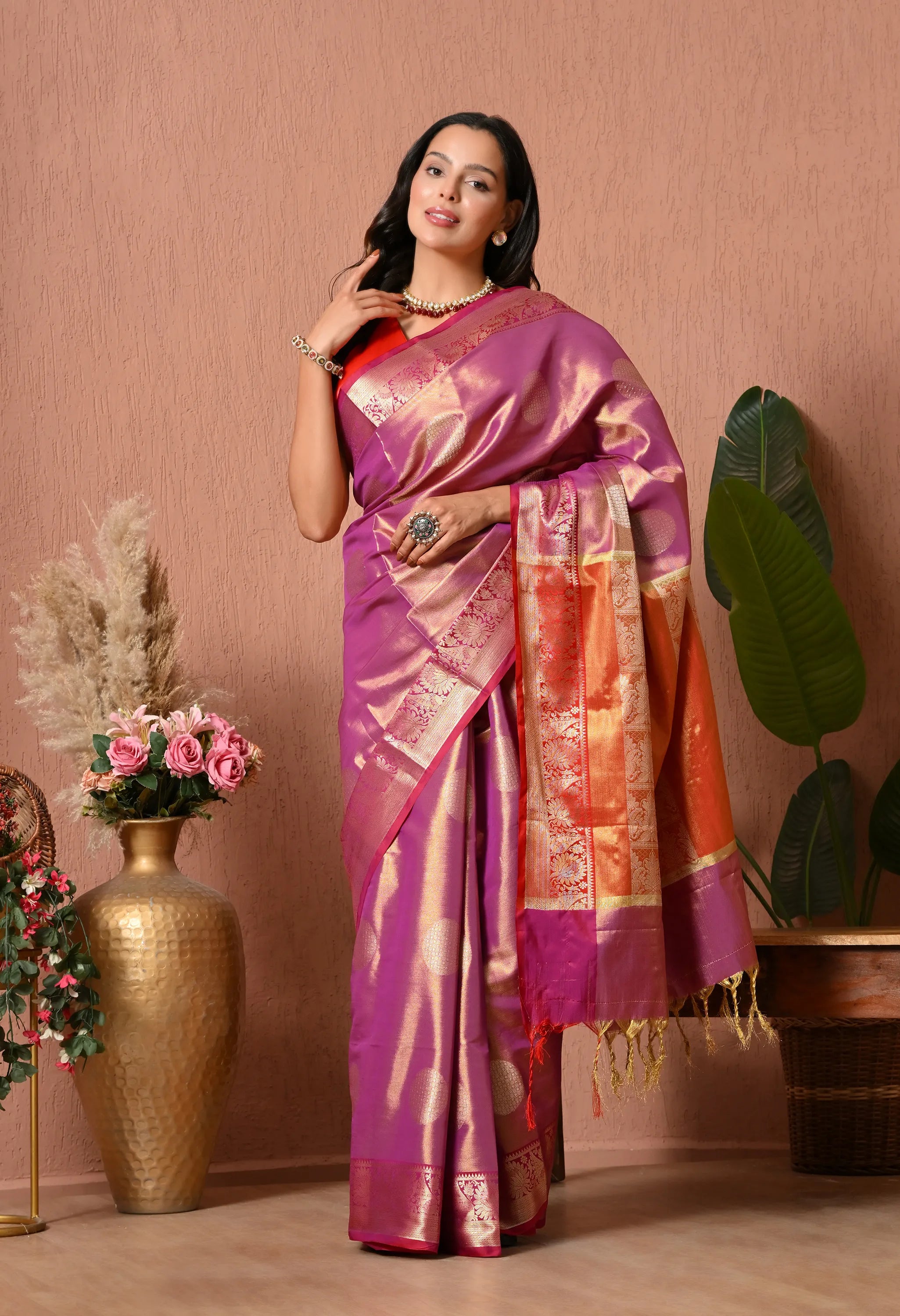 Orchid Mauve Silk Blend Saree with Multi-Colored Zari Pallu)