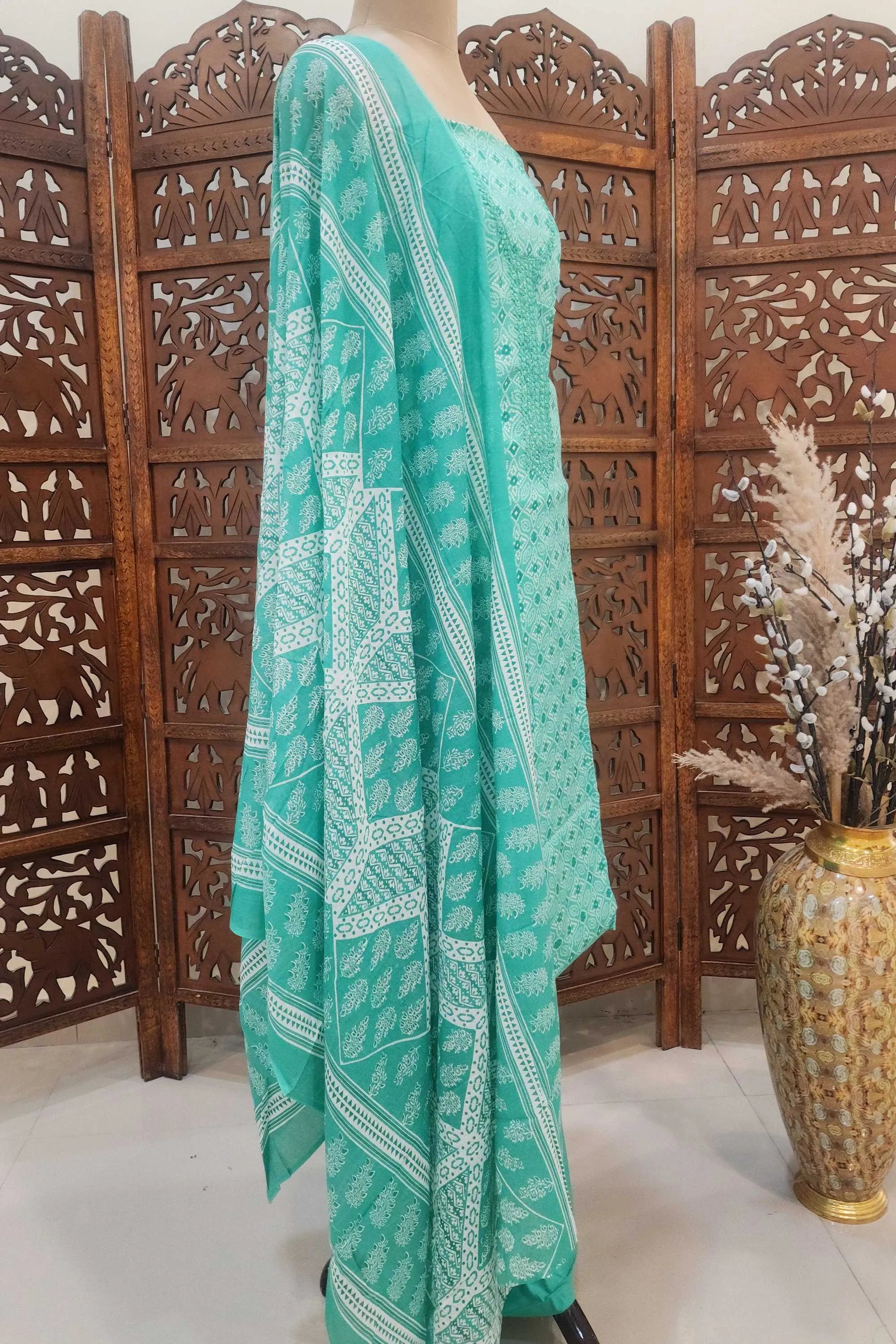 Unstitched Sea Green Cotton Bandhani Printed Dress Material with Embroidered Neckline