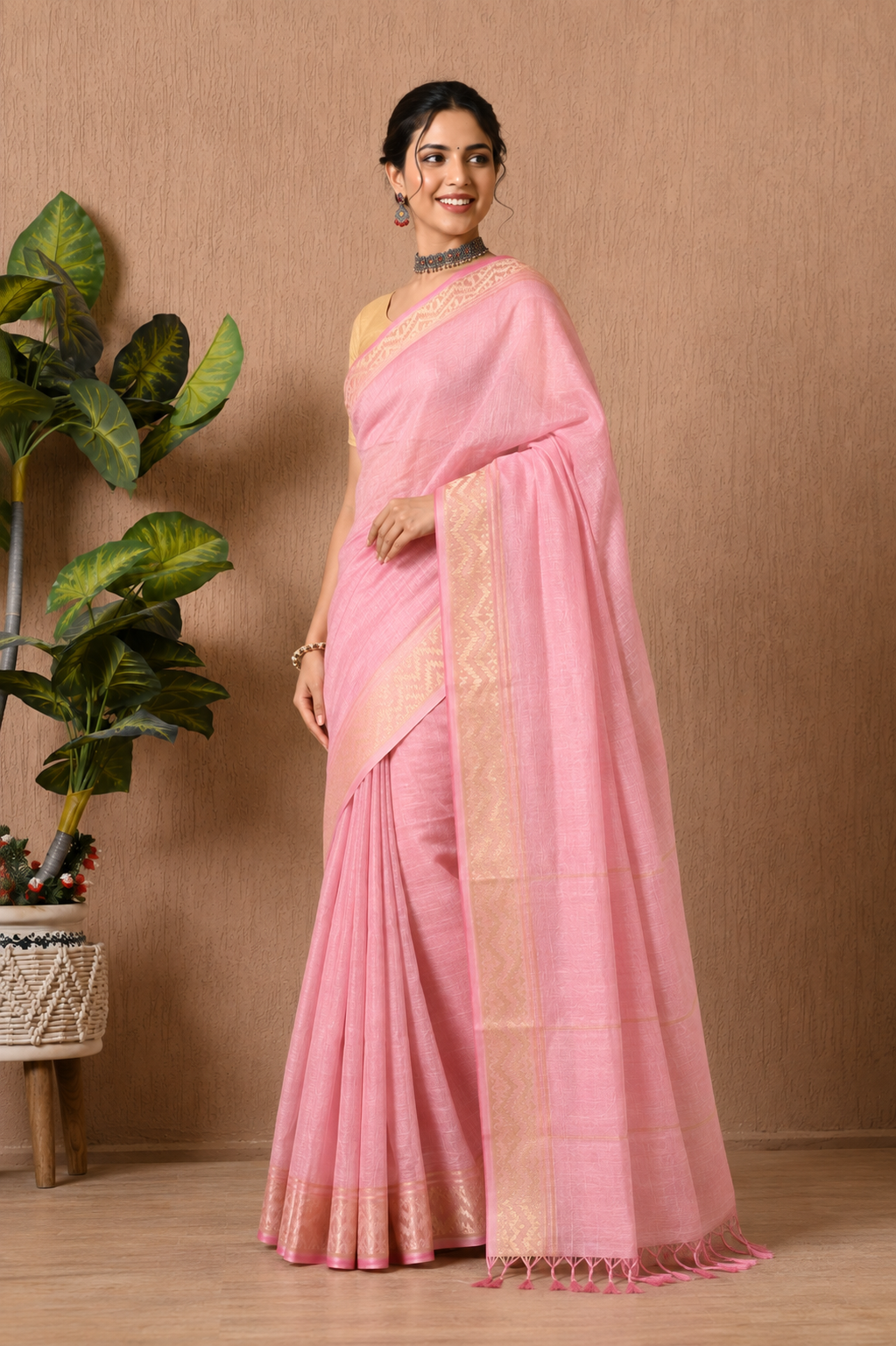 Women Pink Art Silk Saree with Golden Woven Border