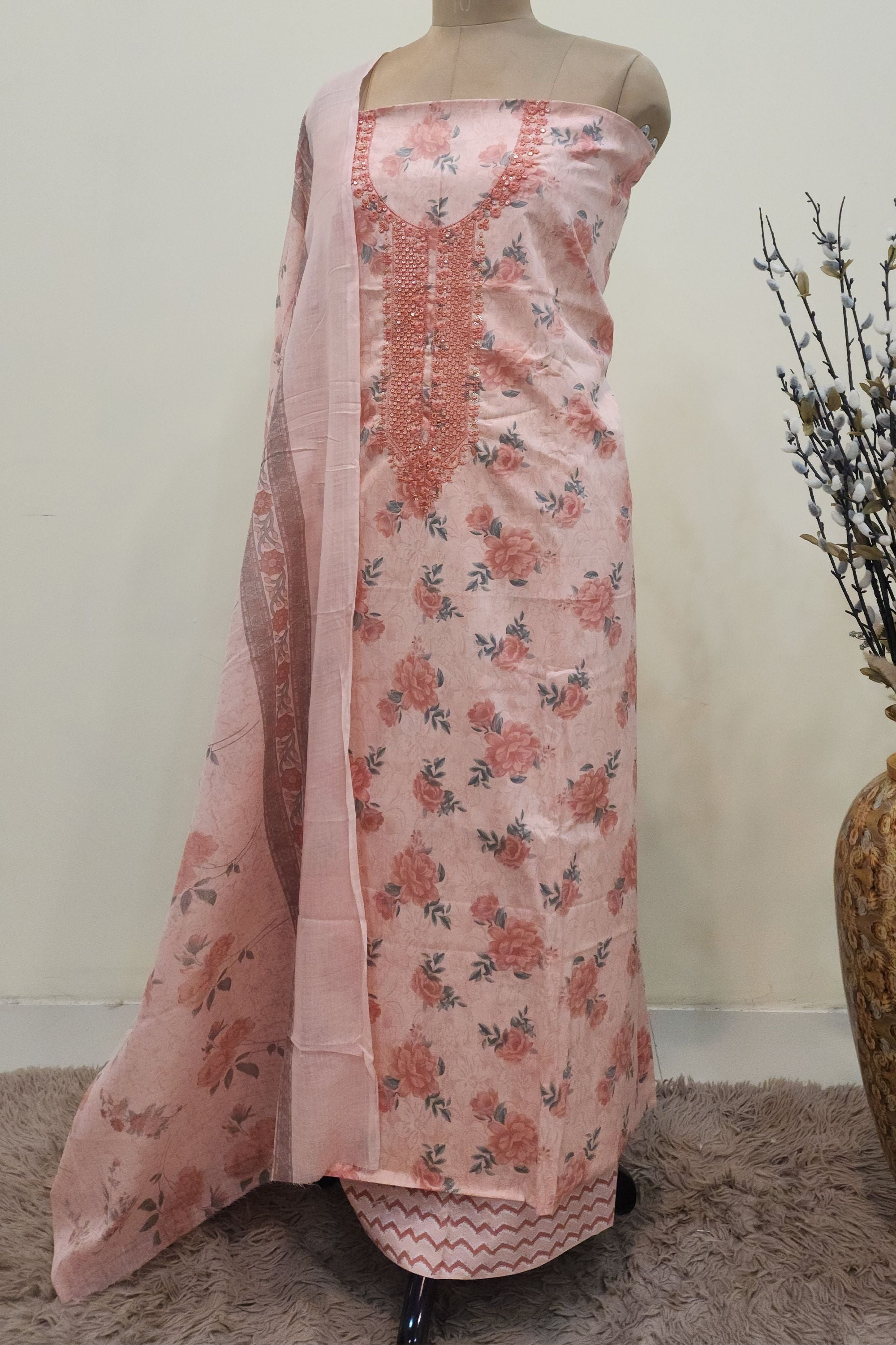 Women's Pure Cotton Peach Floral Print Unstitched Suit Set