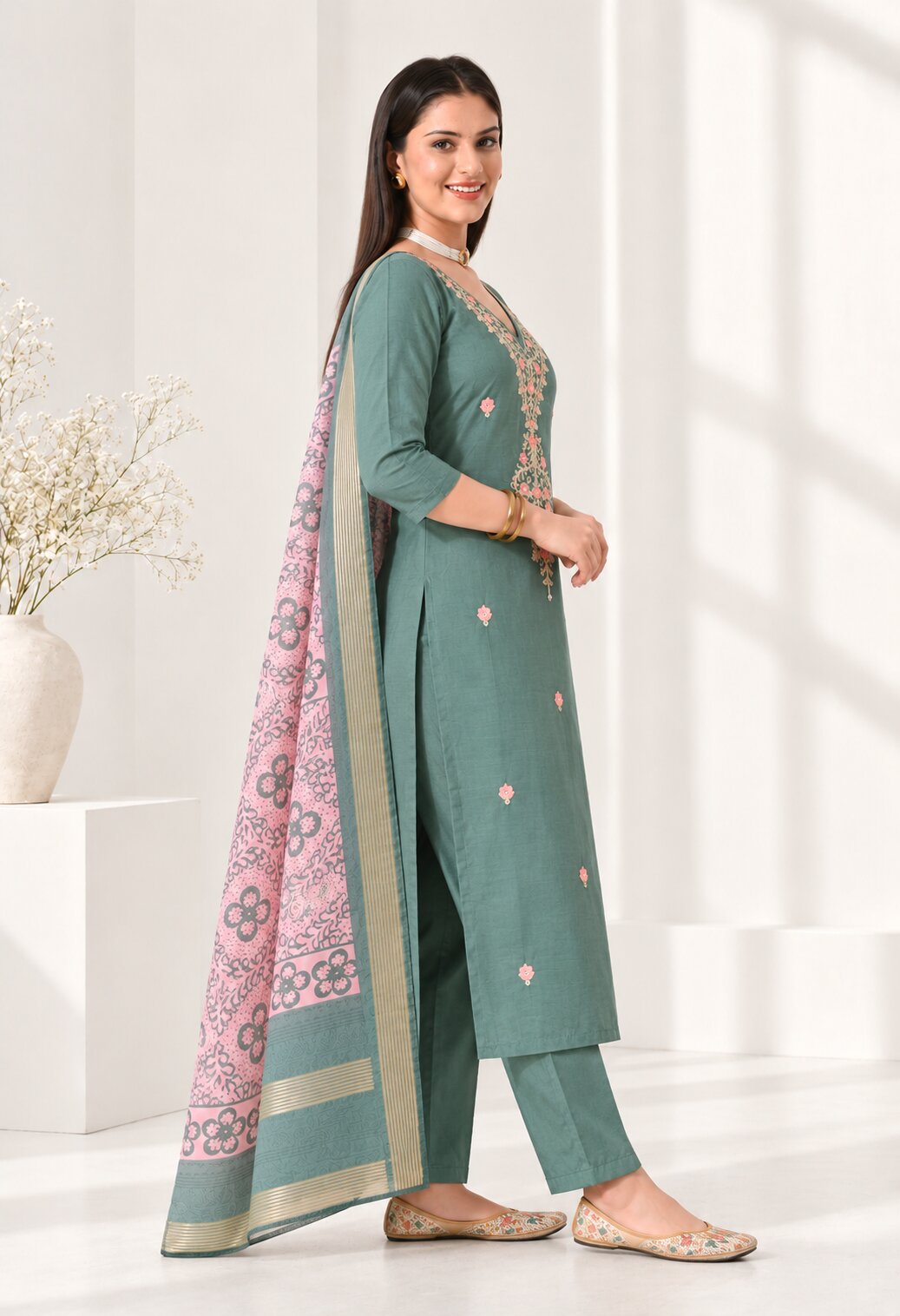 Teal Green Chanderi Silk Suit Set with Pink Printed Dupatta