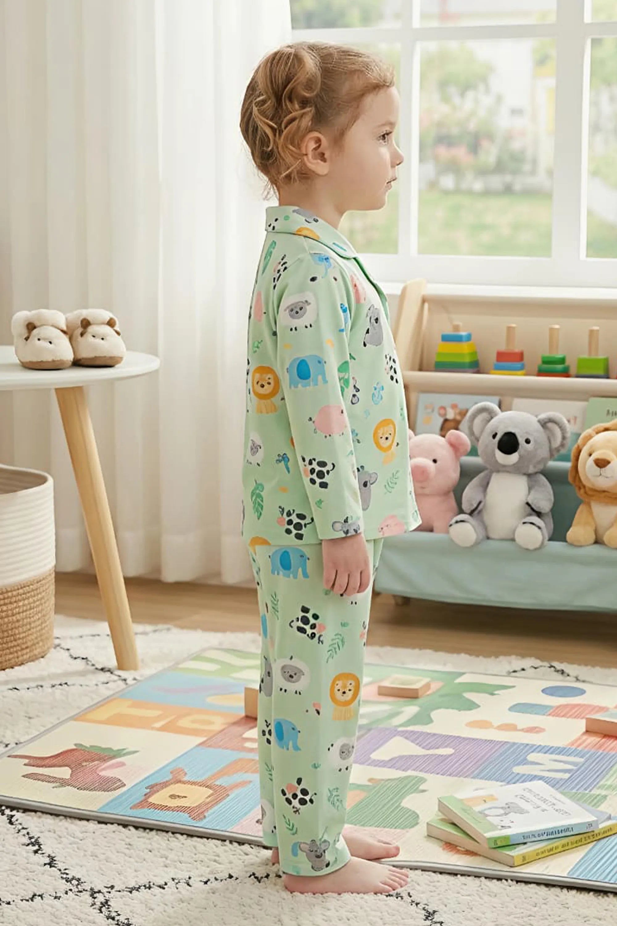 Kids Mint Green Animal Print Satin Nightsuit Set