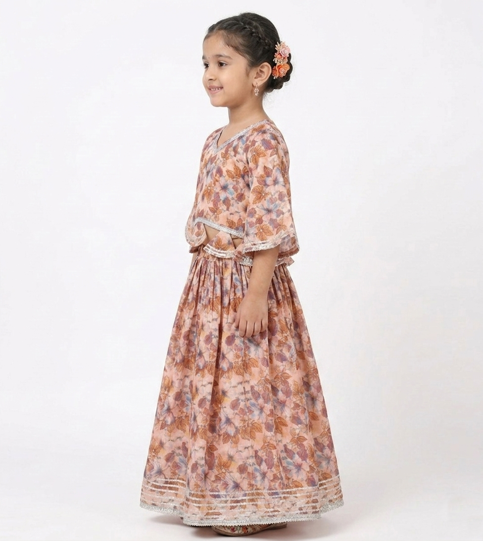 Girls' Floral Print Cotton Peplum Lehenga Choli Set