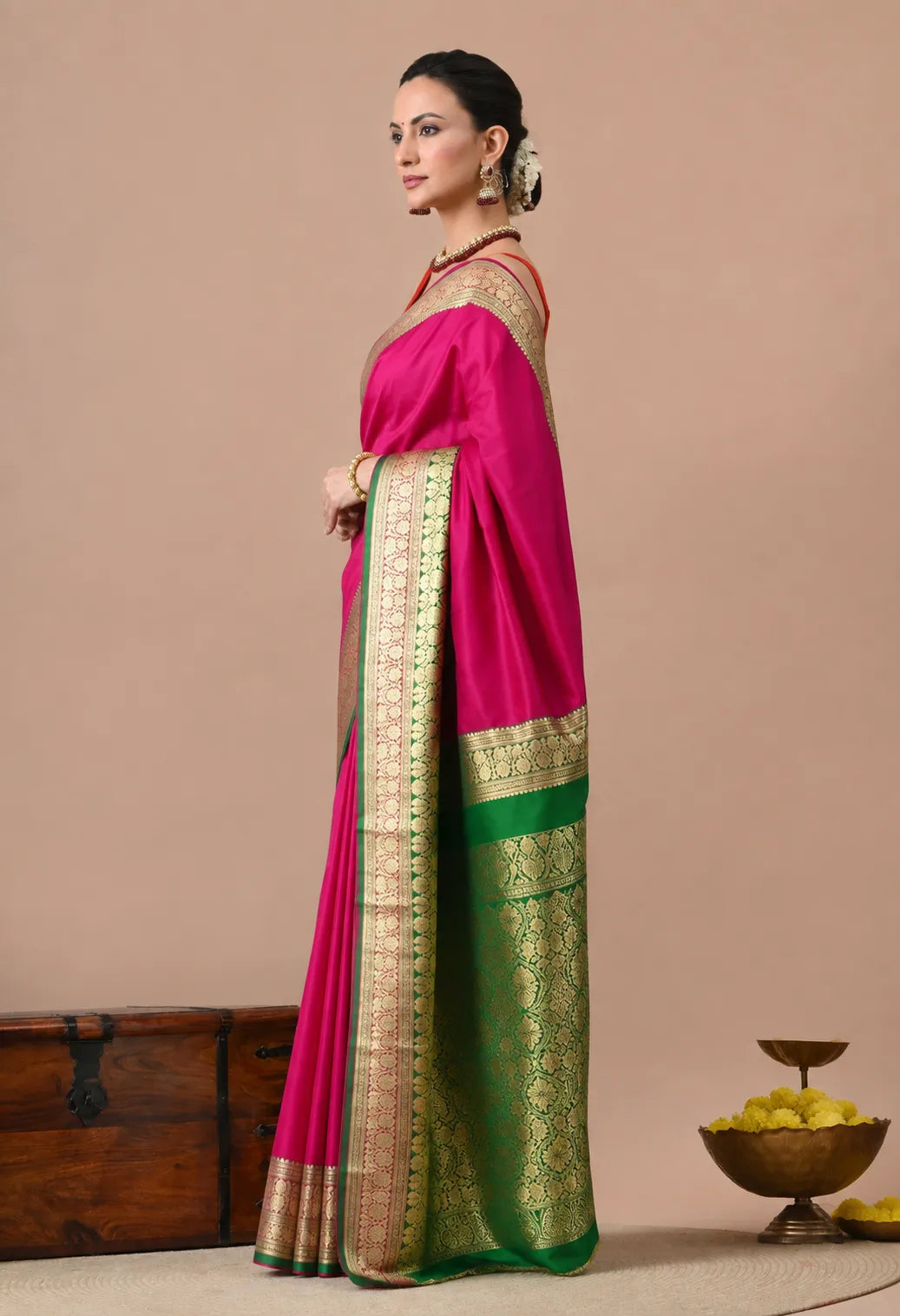 Rani Pink Silk Saree with Zari Borders and Green Contrast Pallu