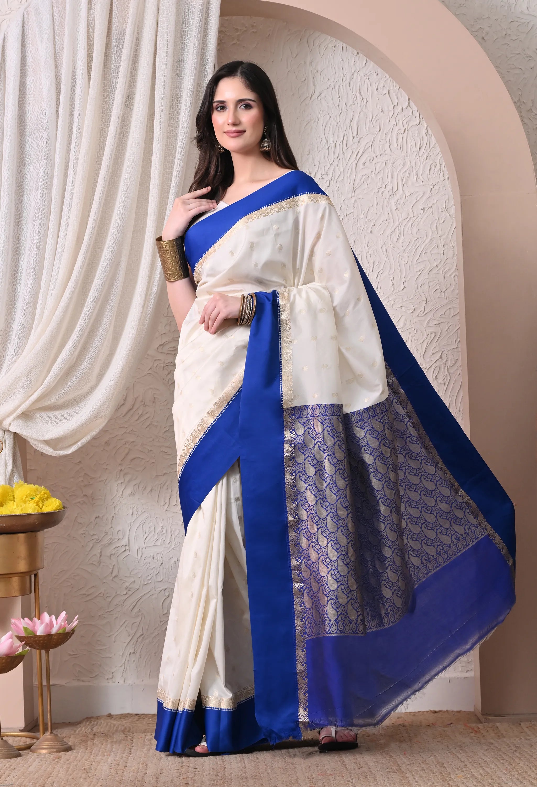 Graceful Off-White and Royal Blue Silk Blend Saree