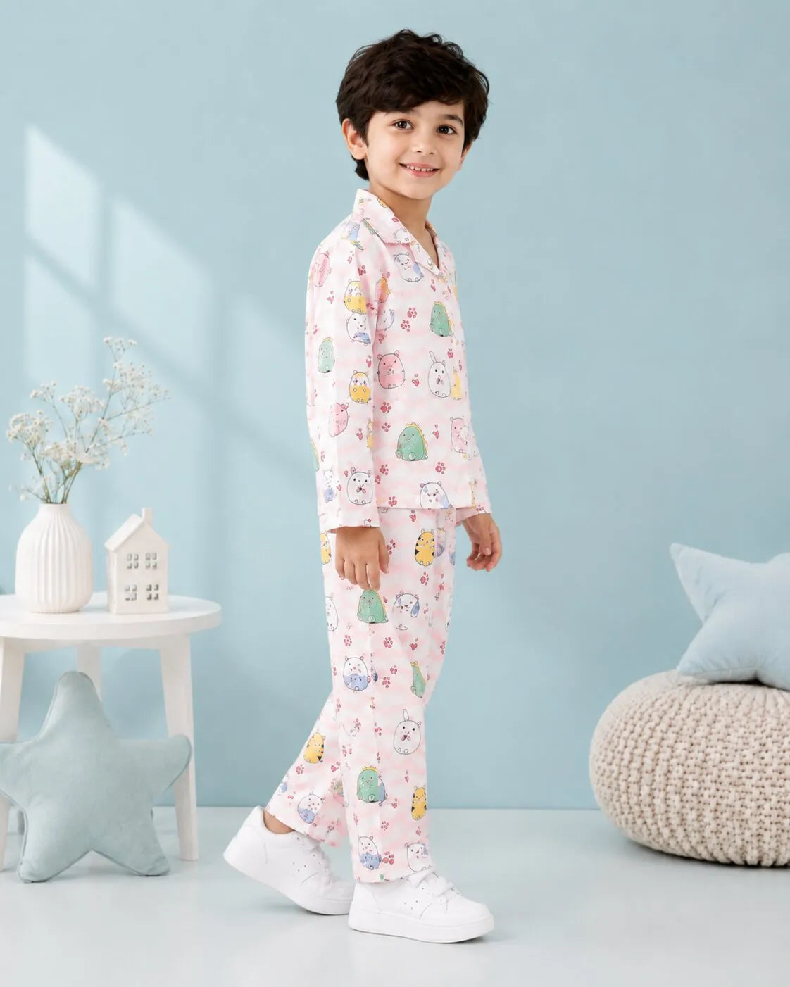 Boys' Whimsical Animal & Wave Print Premium Satin Night Suit – Full Sleeve Shirt & Pajama Set