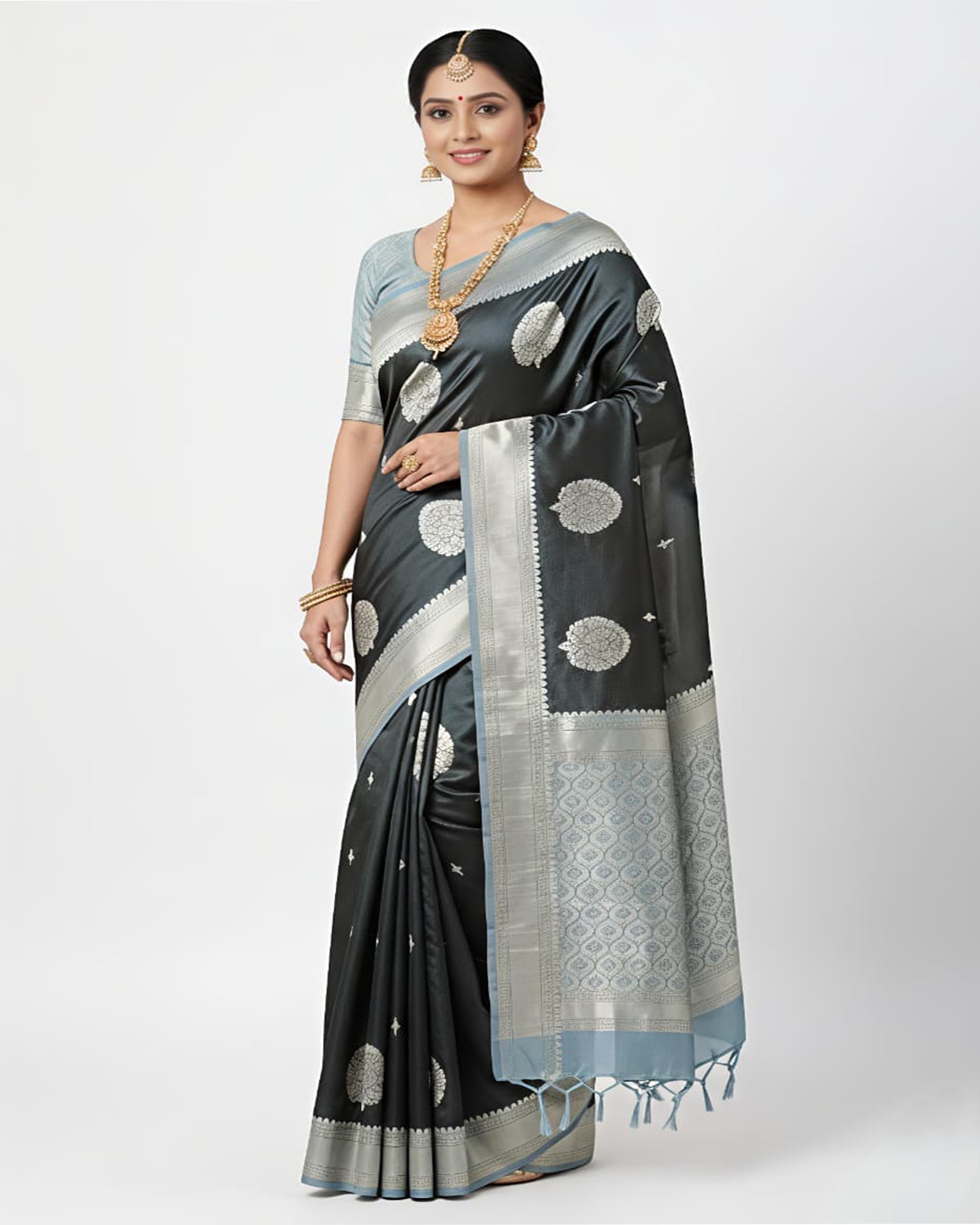 Charcoal Grey & Silver-Toned Art Silk Kanjeevaram Style Saree with Blouse Piece