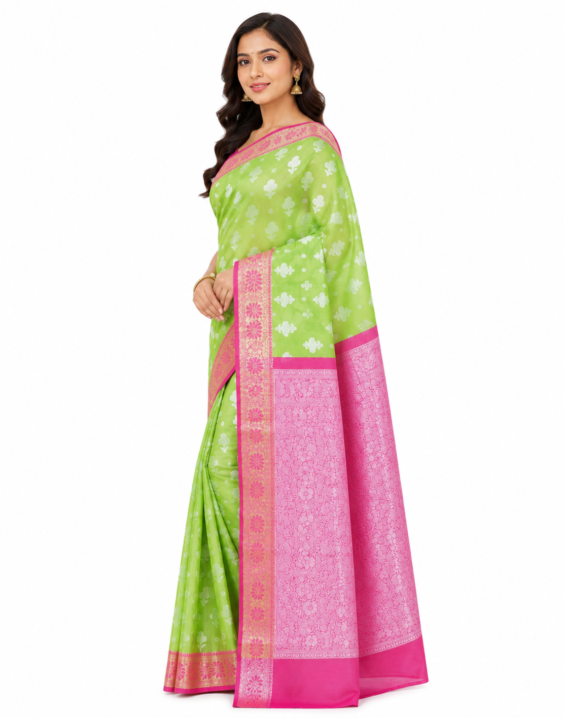 Lime Green & Magenta Silk Blend Woven Design Banarasi Saree with Unstitched Blouse