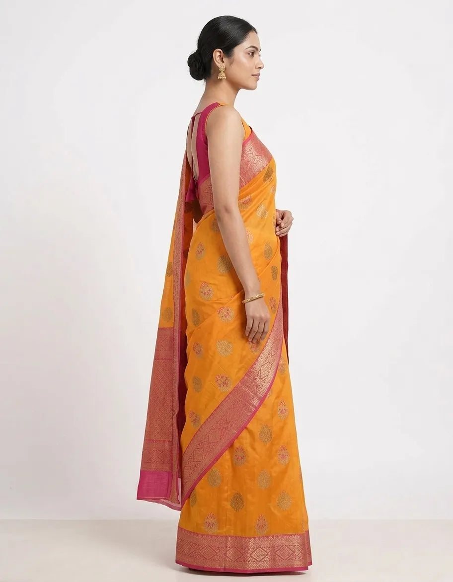 Mustard Yellow & Pink Woven Design Silk Blend Banarasi Saree