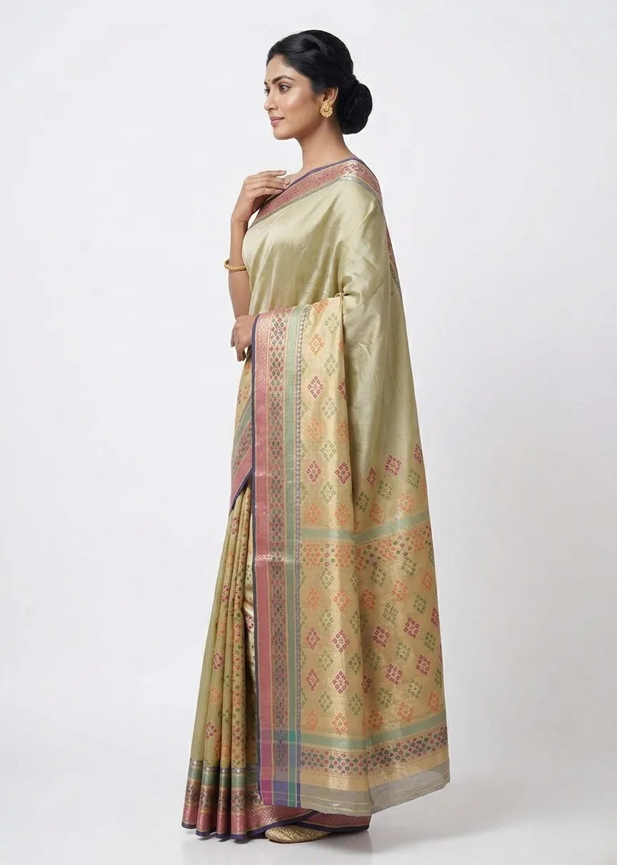 Olive Gold-Toned Silk Blend Saree with Multicolour Woven Border & Pallu