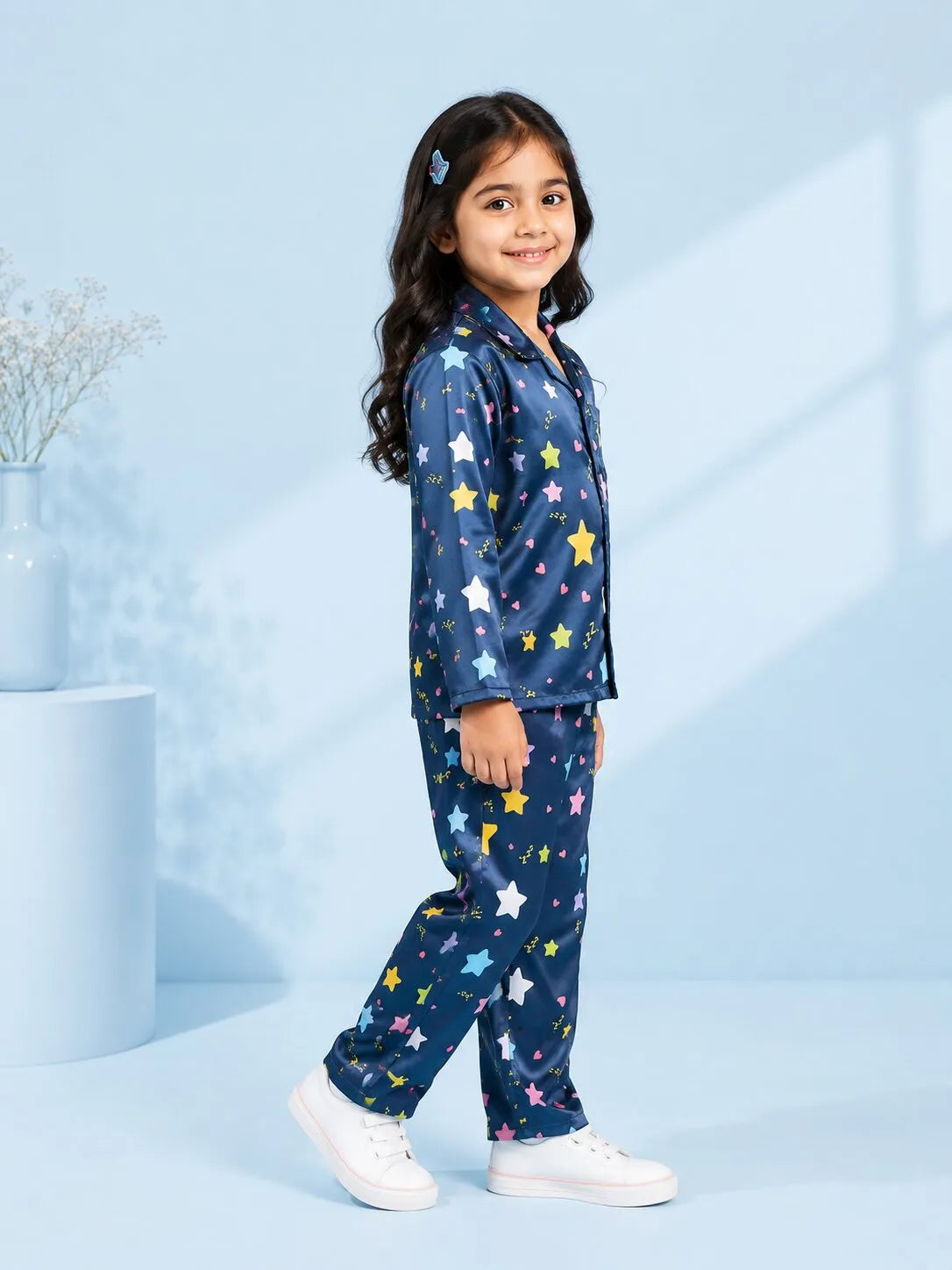 Girls Navy Blue & Multi-Colored Star Print Satin Night Suit