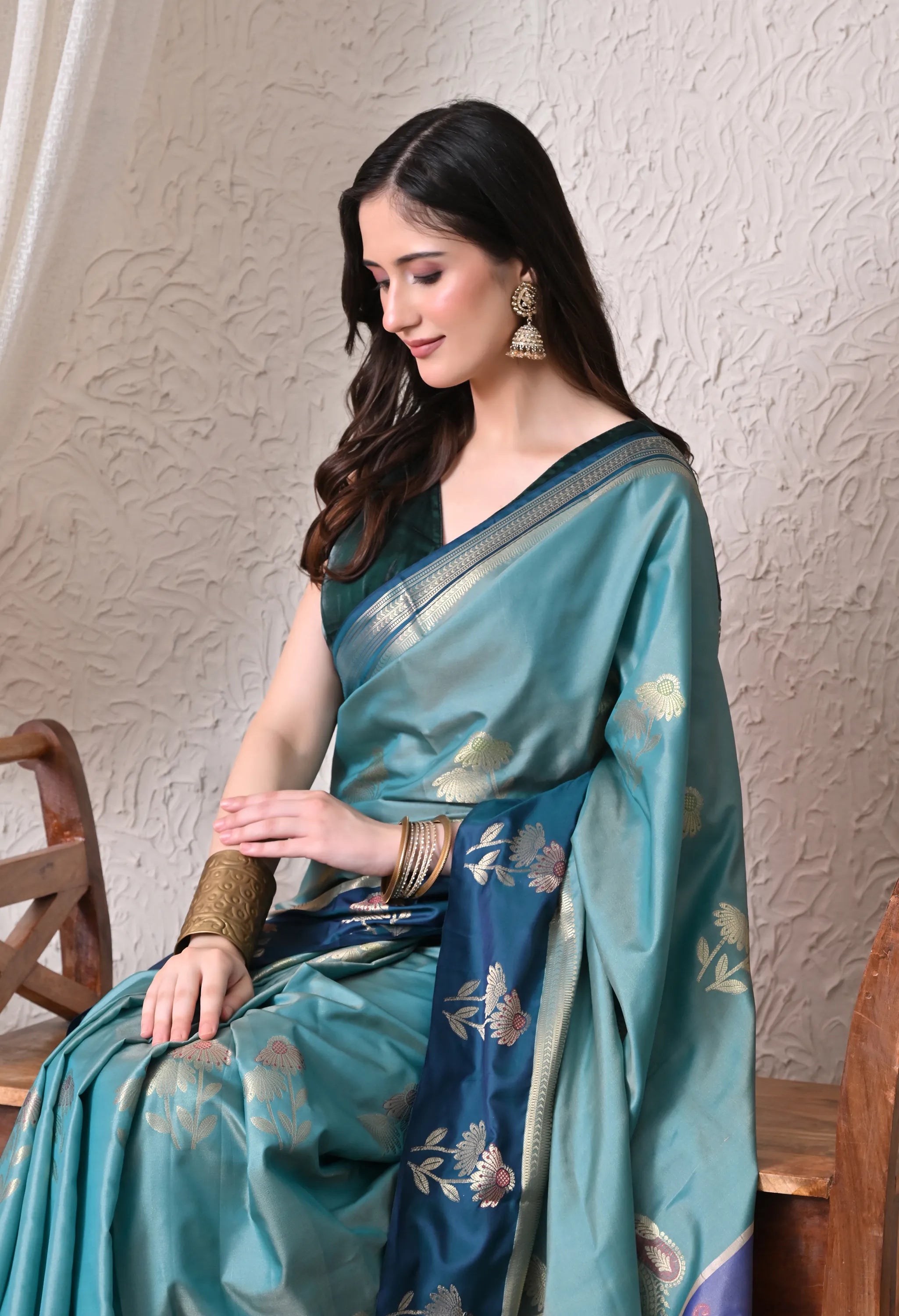 Sophisticated Sea Green and Peacock Blue Silk Blend Saree