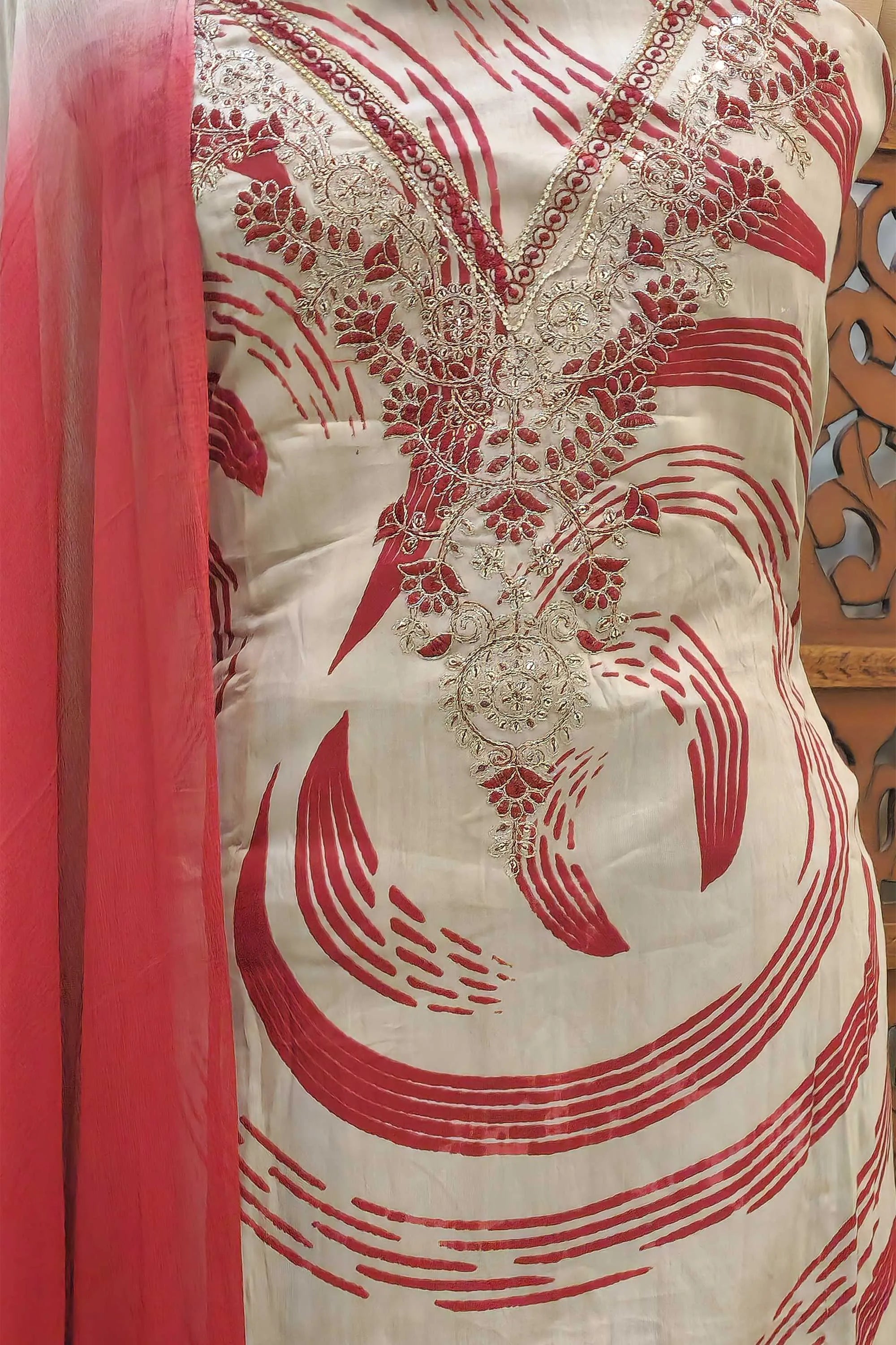 Women Cream & Red Printed Unstitched Cotton Dress Material with Embroidered Neckline