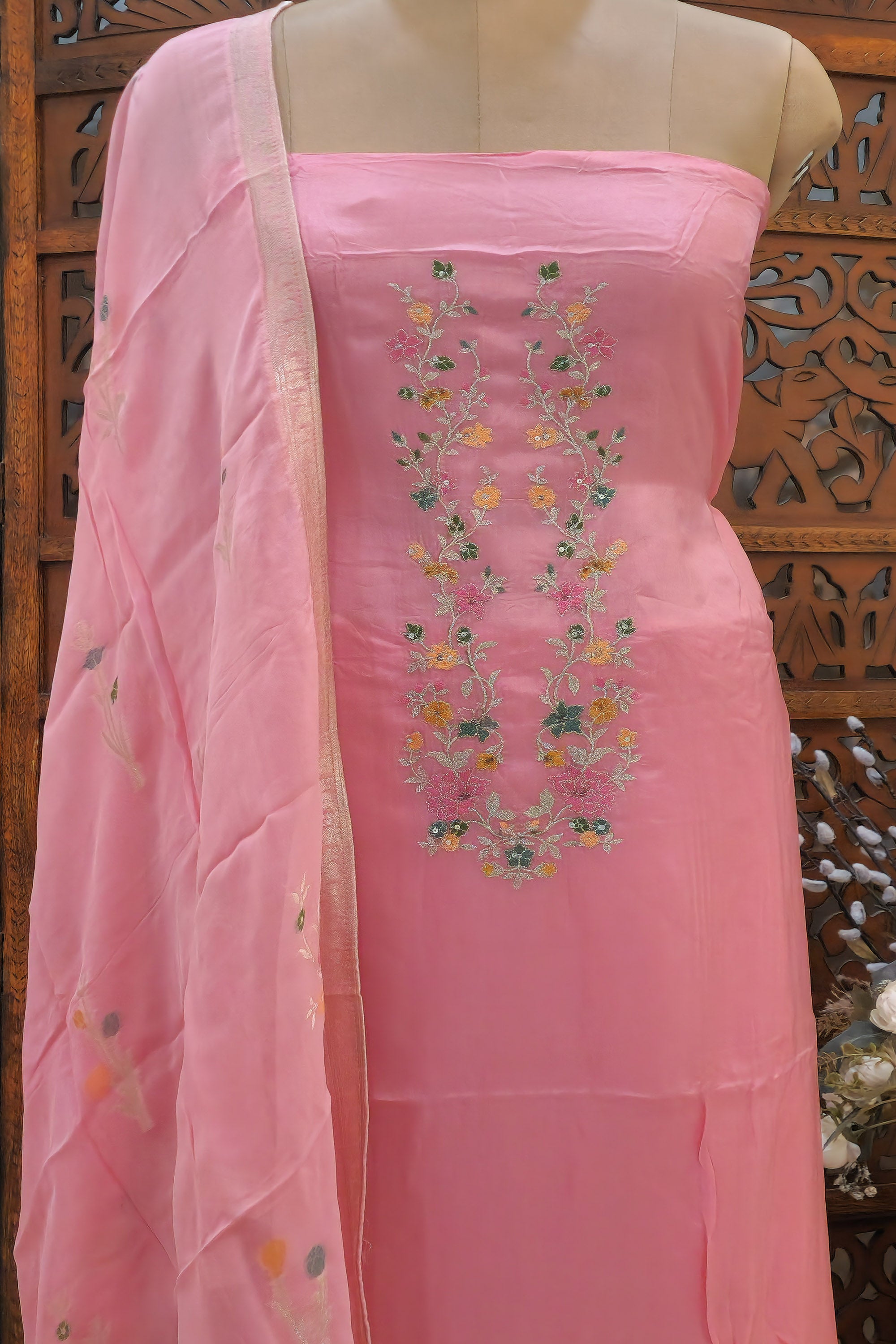 Pink Embroidered Silk Blend Unstitched Dress Material with Organza Dupatta