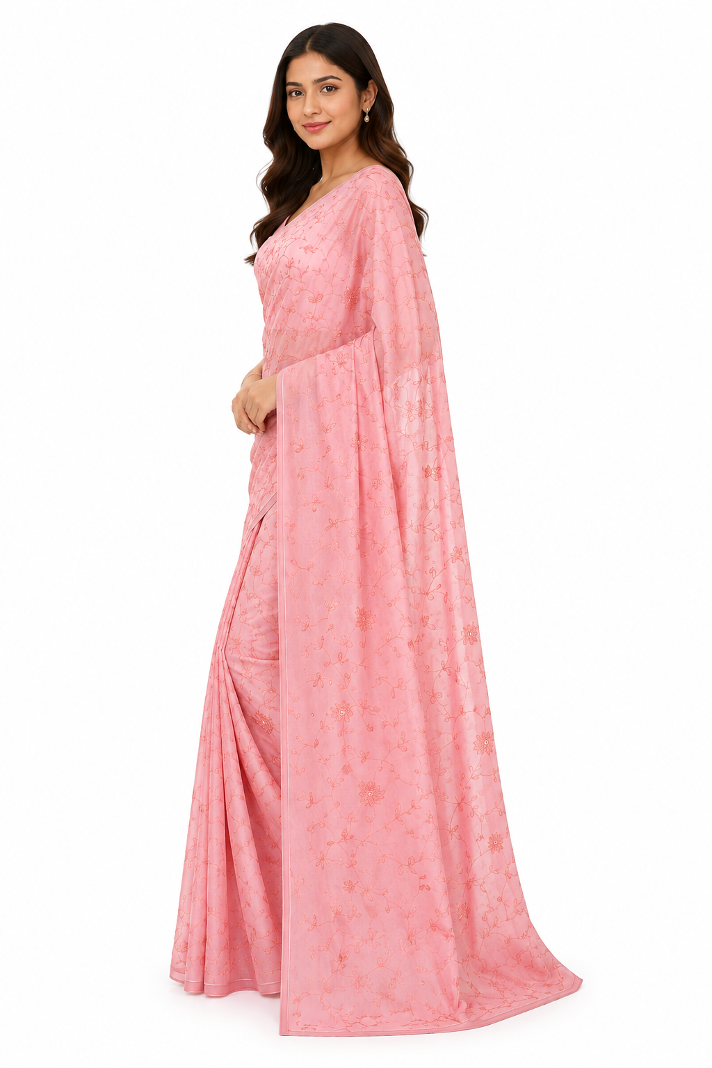 Pink Pure Chinon Chiffon Saree with Hand-Embroidery Work