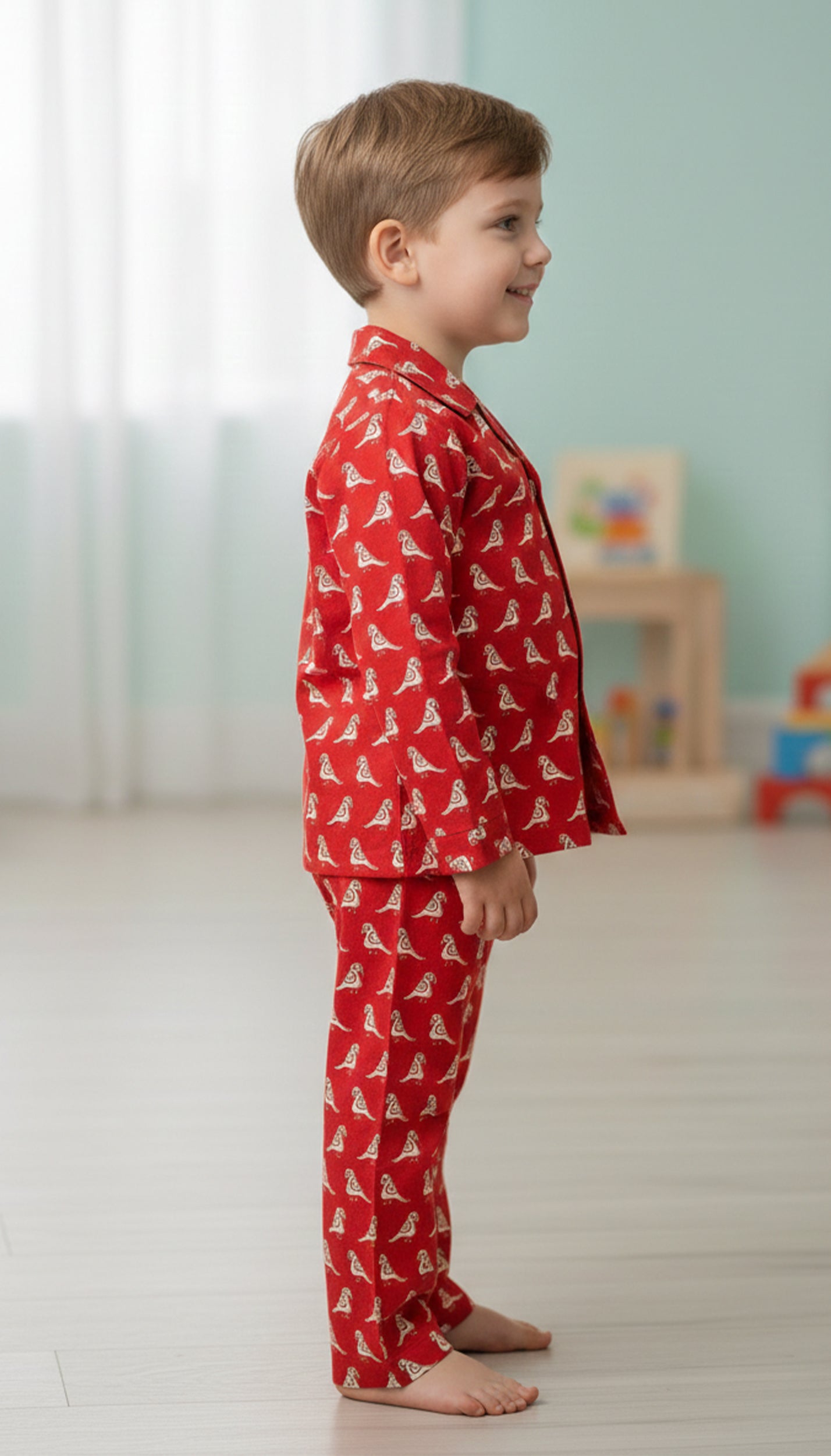 Boys Red & White Bird Print Cotton Night Suit