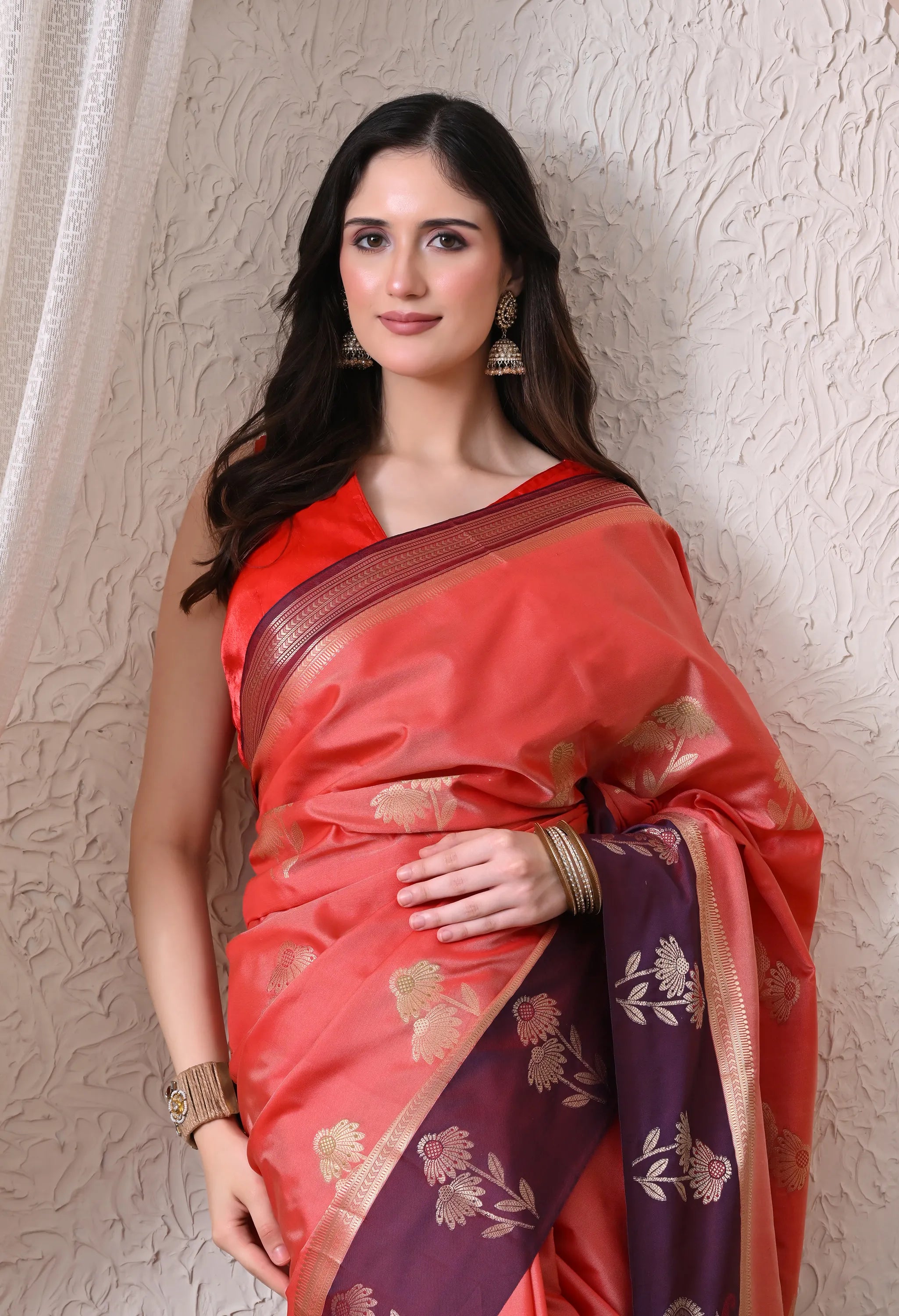 Vibrant Peach-Coral and Deep Wine Silk Blend Saree