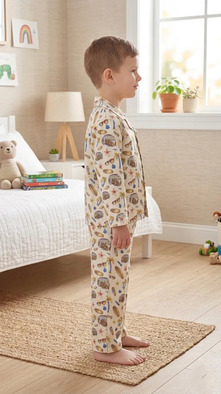 Tropical Surf & Camper Print Cotton Night Suit