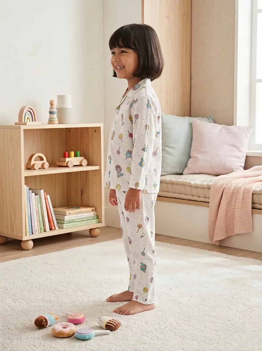 Kids White & Multi-Coloured Printed Satin Night Suit