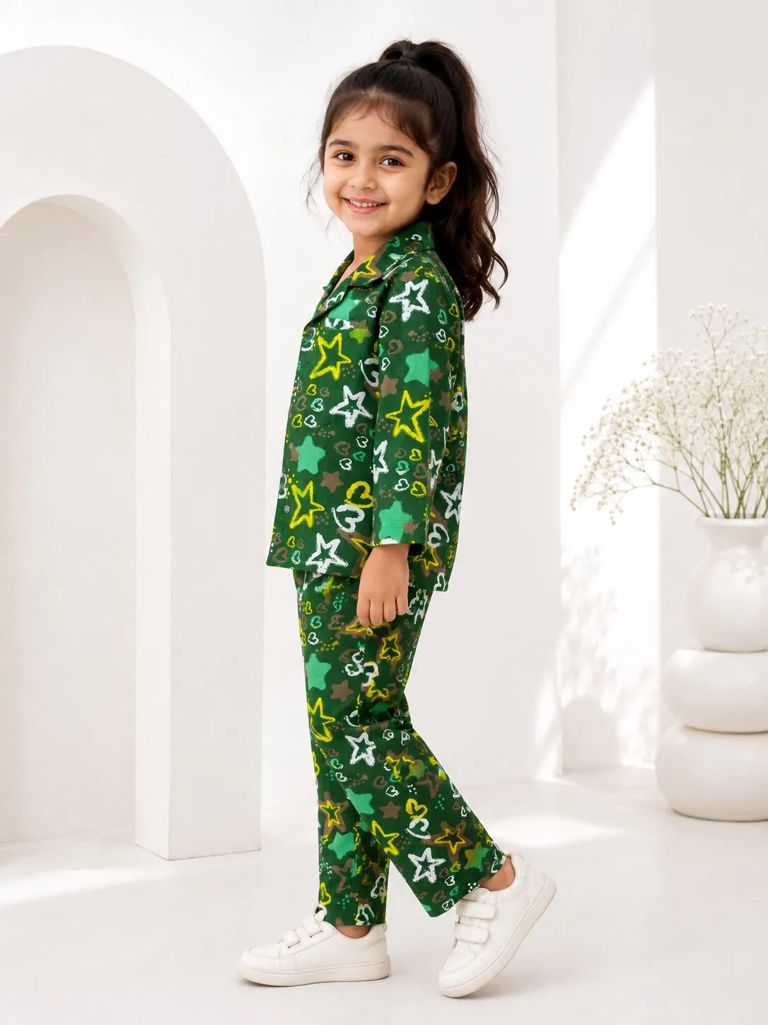 Girs  Pure Cotton Olive Green Star & Heart Print Night Suit