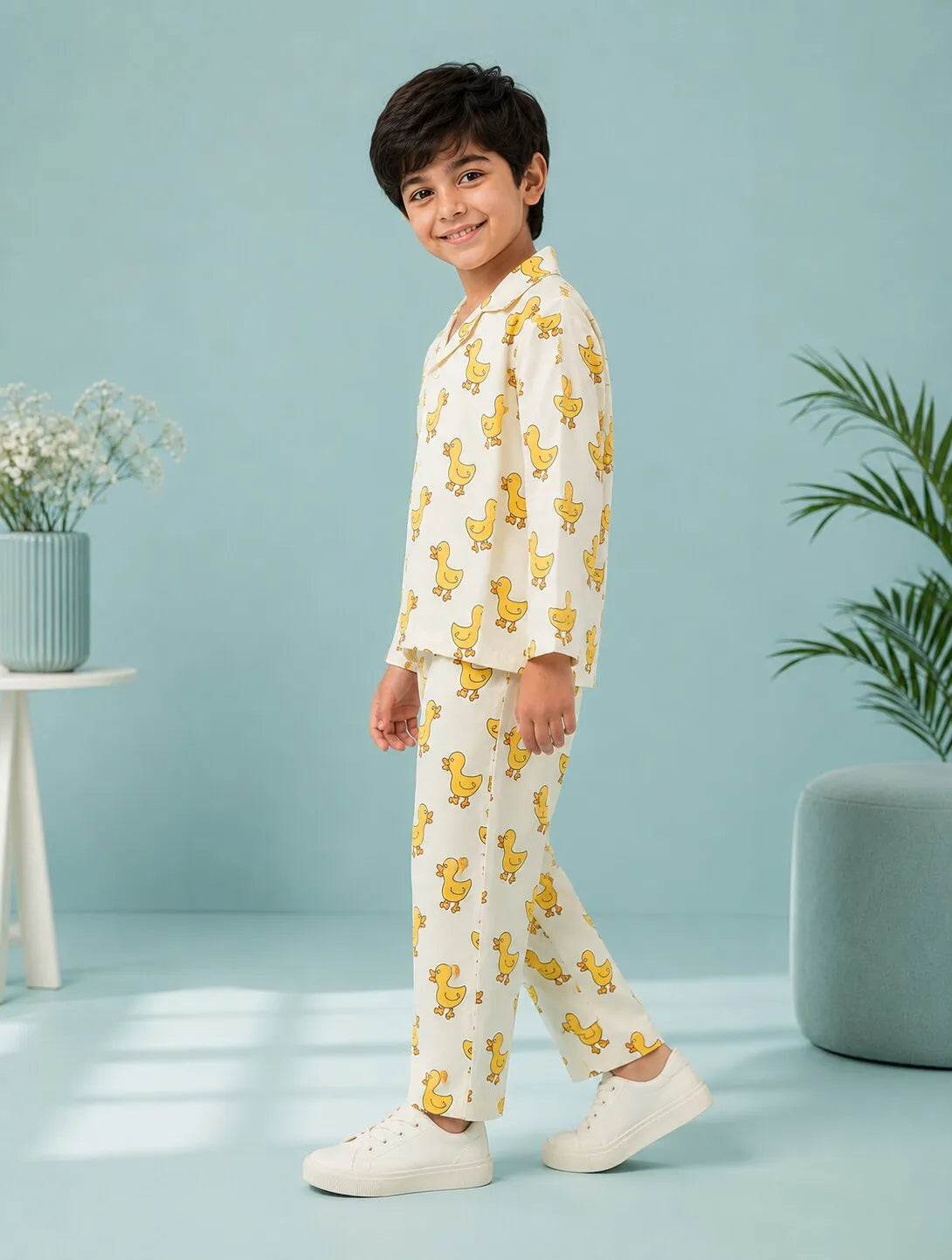 Boys Off-White & Yellow Satin Duck Printed Nightsuit