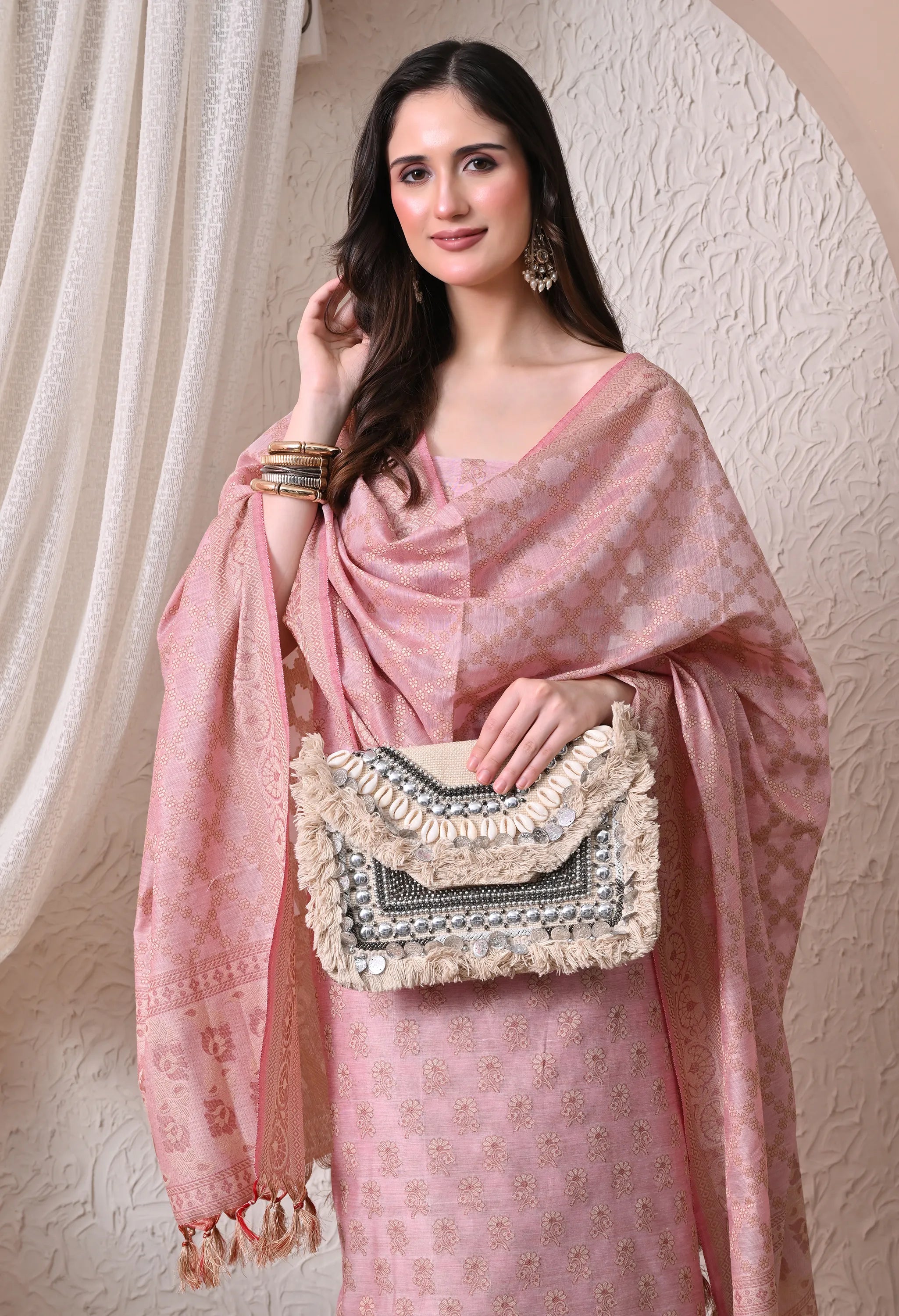 Elegant Onion Pink and Gold Woven Silk Unstitched Salwar Suit Material with Banarasi Style Dupatta