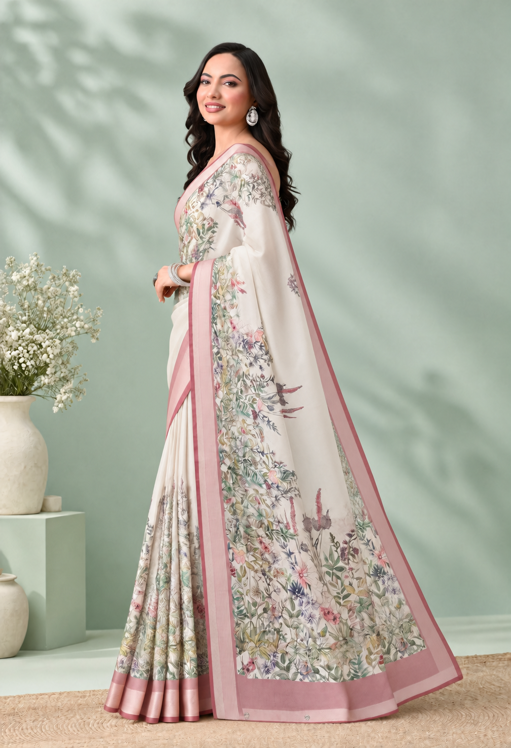 Elegant Ivory Floral Printed Saree with Blush Pink Border & Pallu