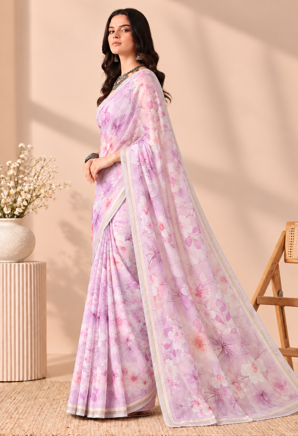 Elegant Pink Floral Printed Chiffon Saree with Matching Border