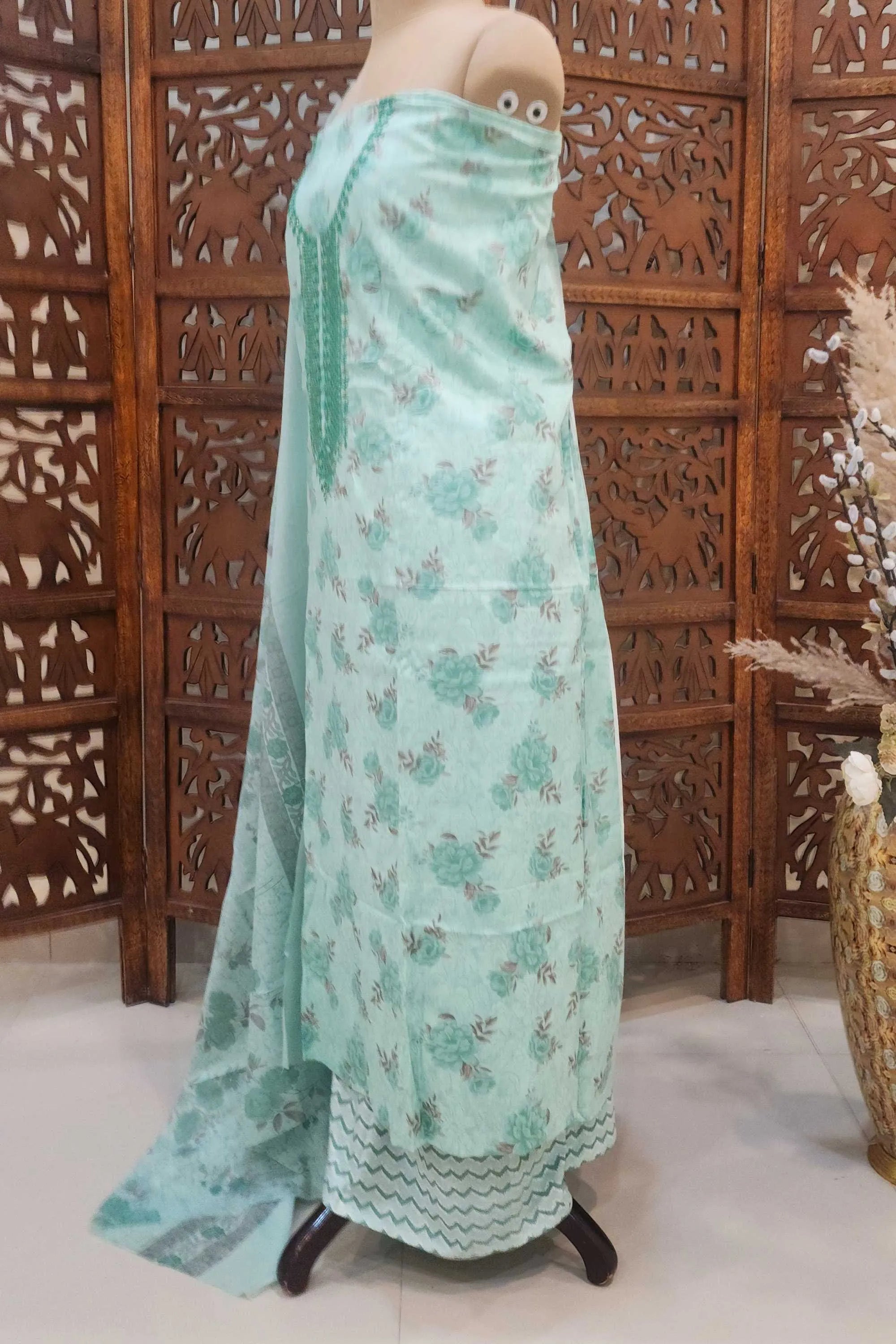 Sea Green & Sage Floral Printed Unstitched Cotton Dress Material with Embroidered Neckline