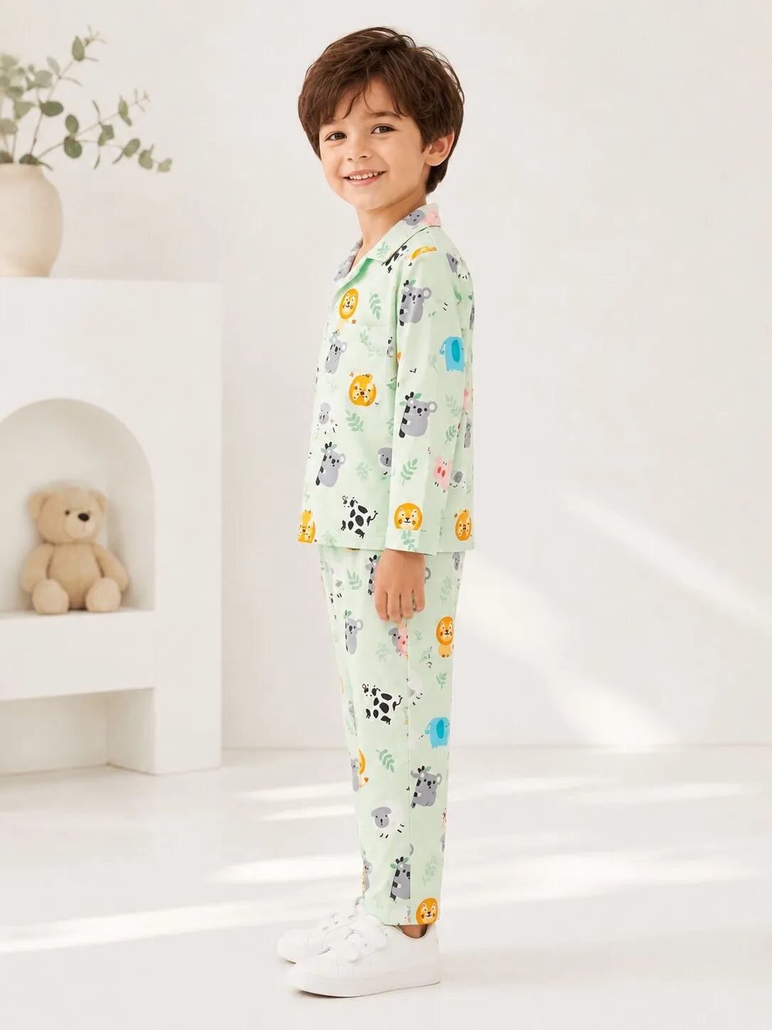 Kids Mint Green Animal Print Satin Night suit Set
