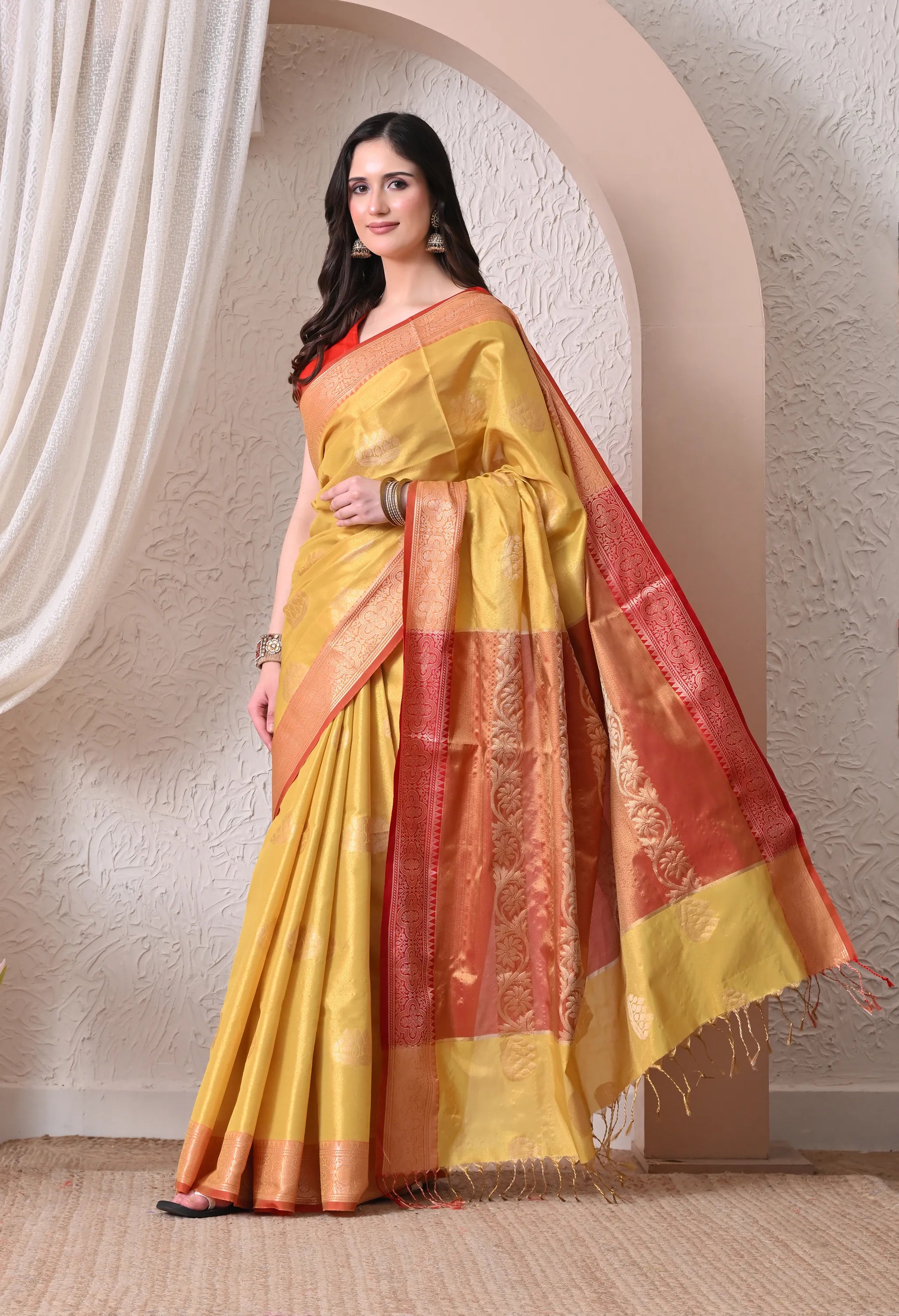 Mustard Yellow & Rust Red Silk Blend Banarasi Saree with Lotus Butis