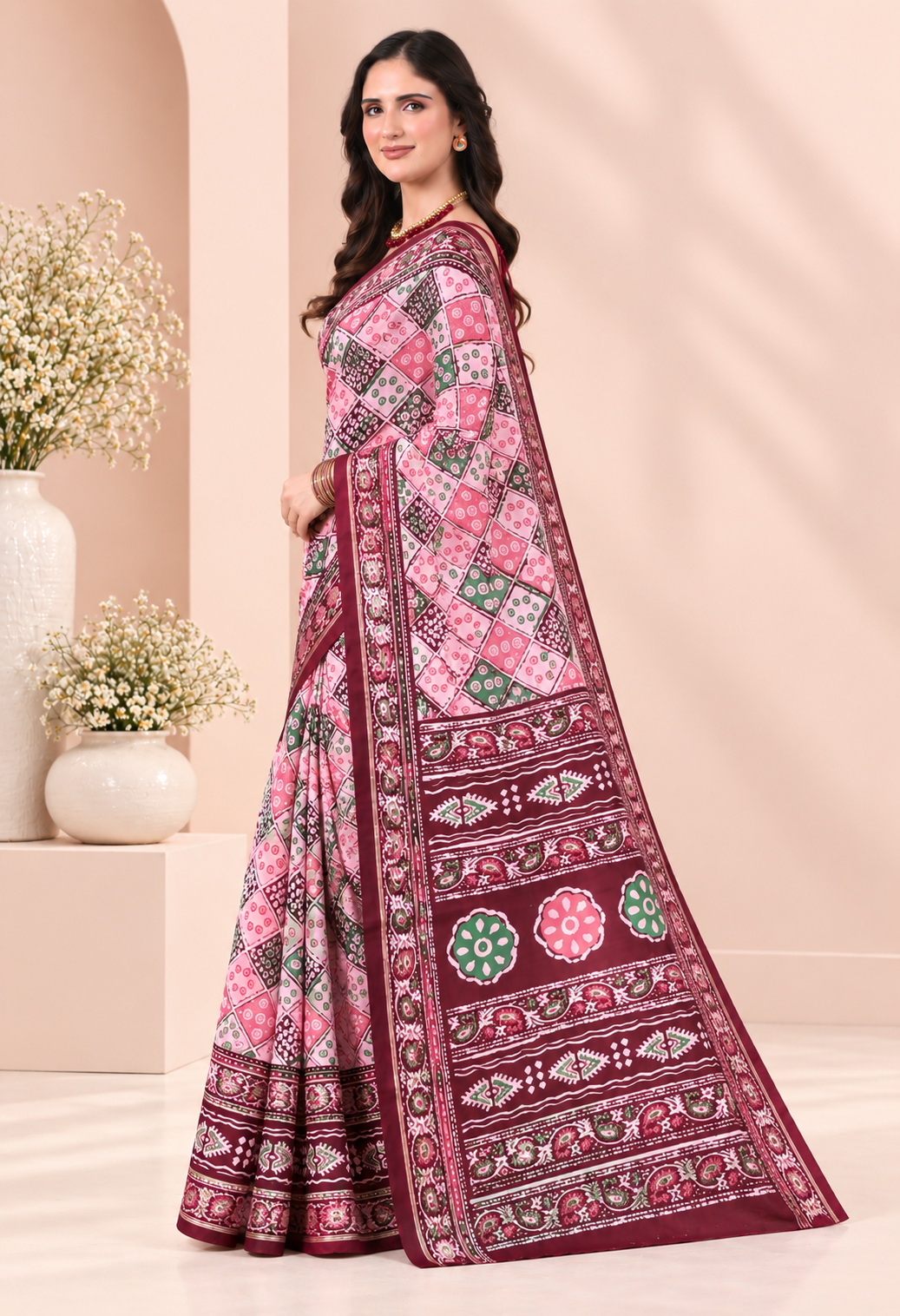 Elegant Pink Printed Saree with Geometric Floral Patterns & Rich Maroon Border