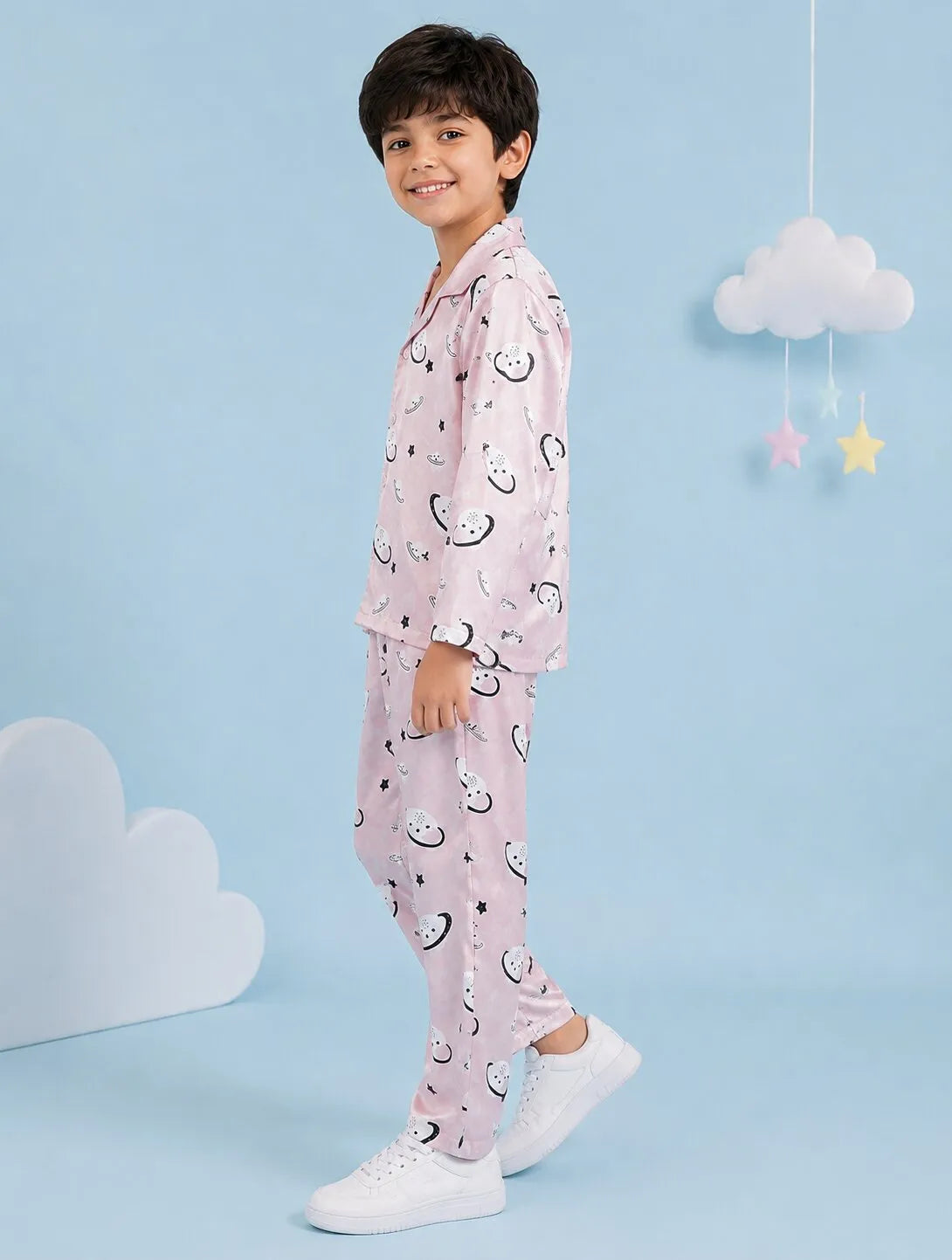 Boys Pink Celestial Printed Satin Night Suit Set