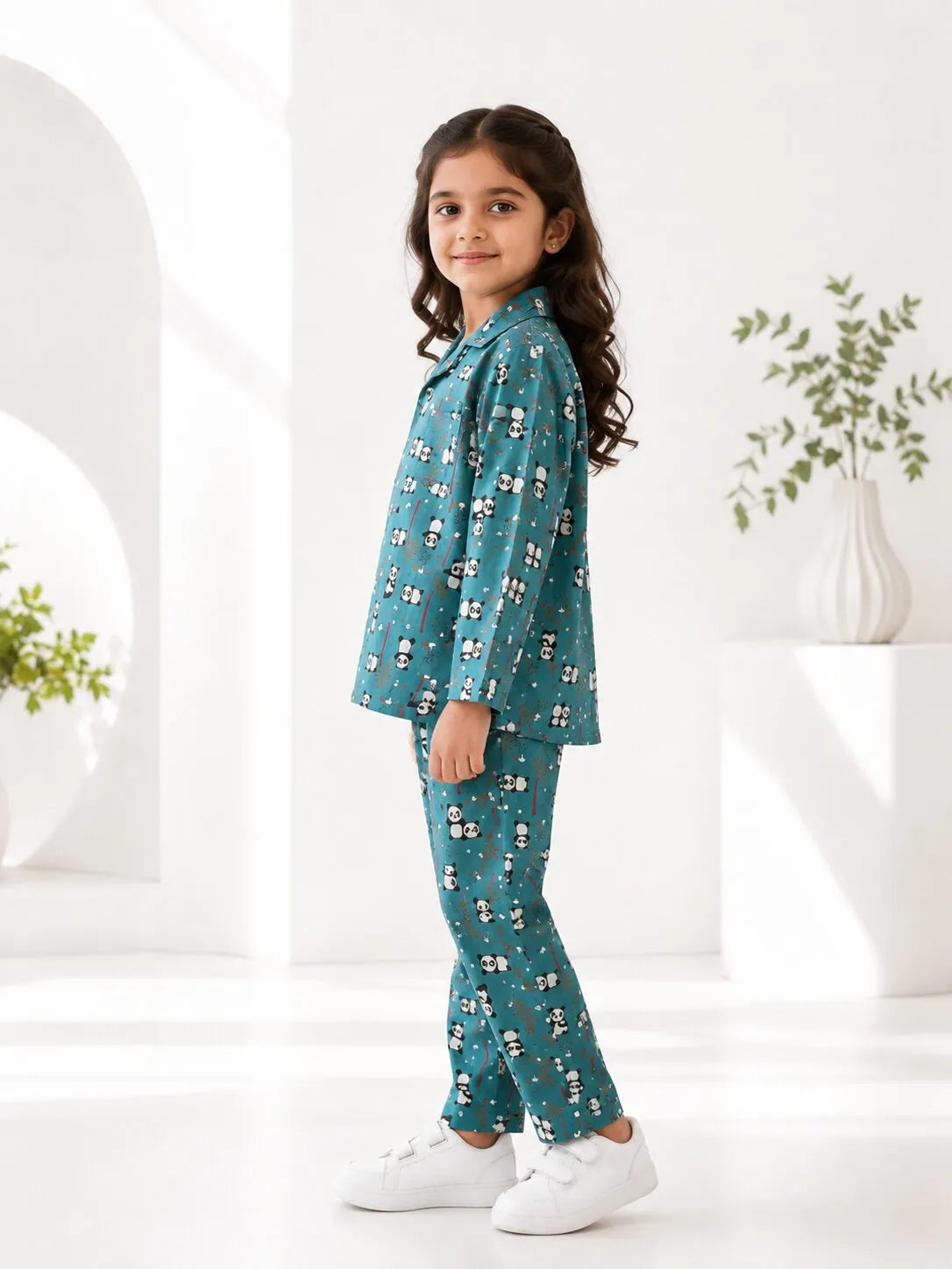 Girls Blue Panda Printed Satin Night Suit