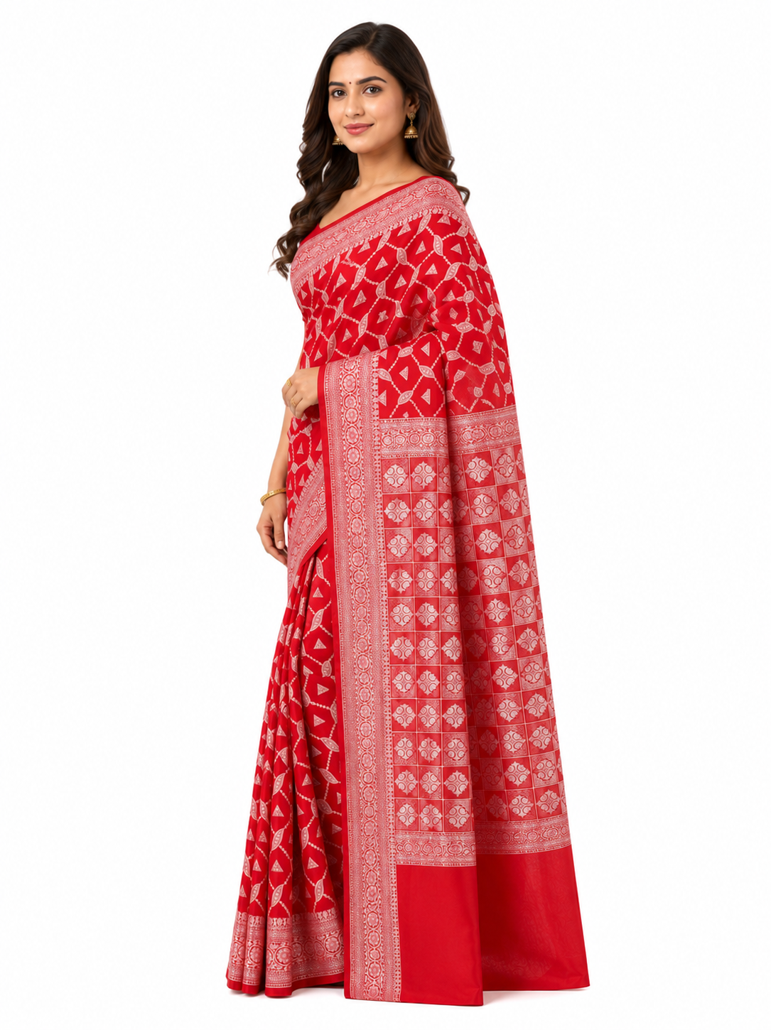 Women Red & Gold-Toned Geometric Woven Design Banarasi Saree